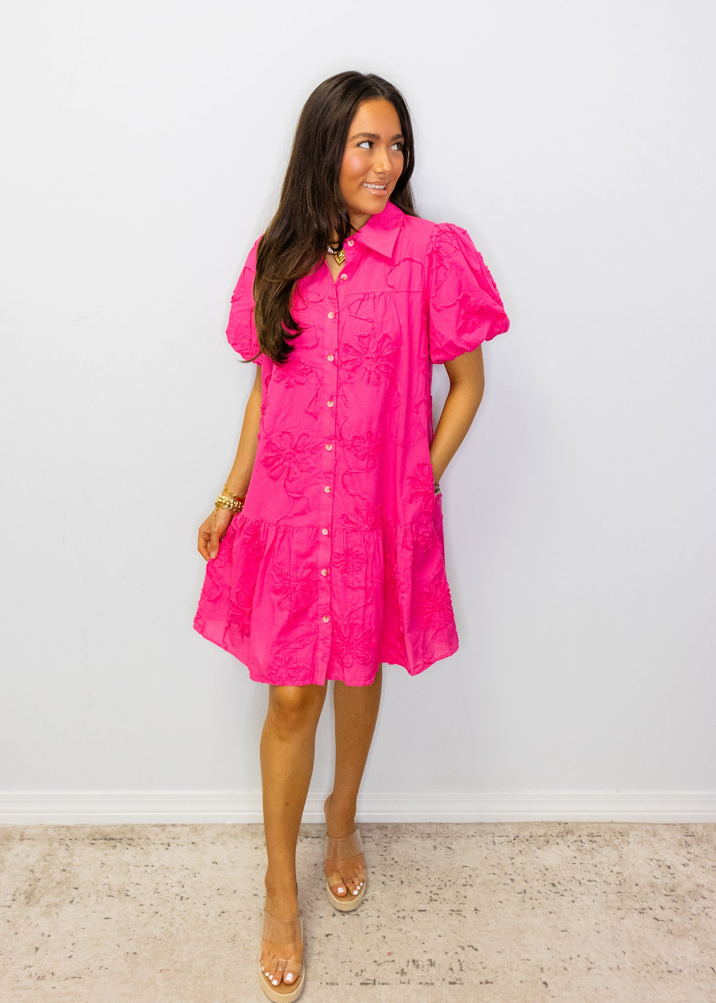 Hot Pink 3D Floral Button-Up Dress