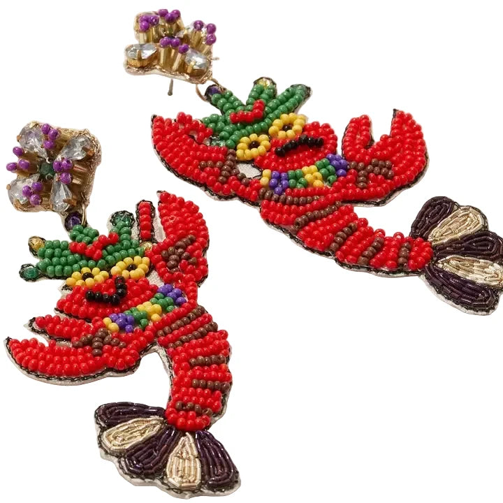 Mardi Gras Crawfish Beaded Earrings