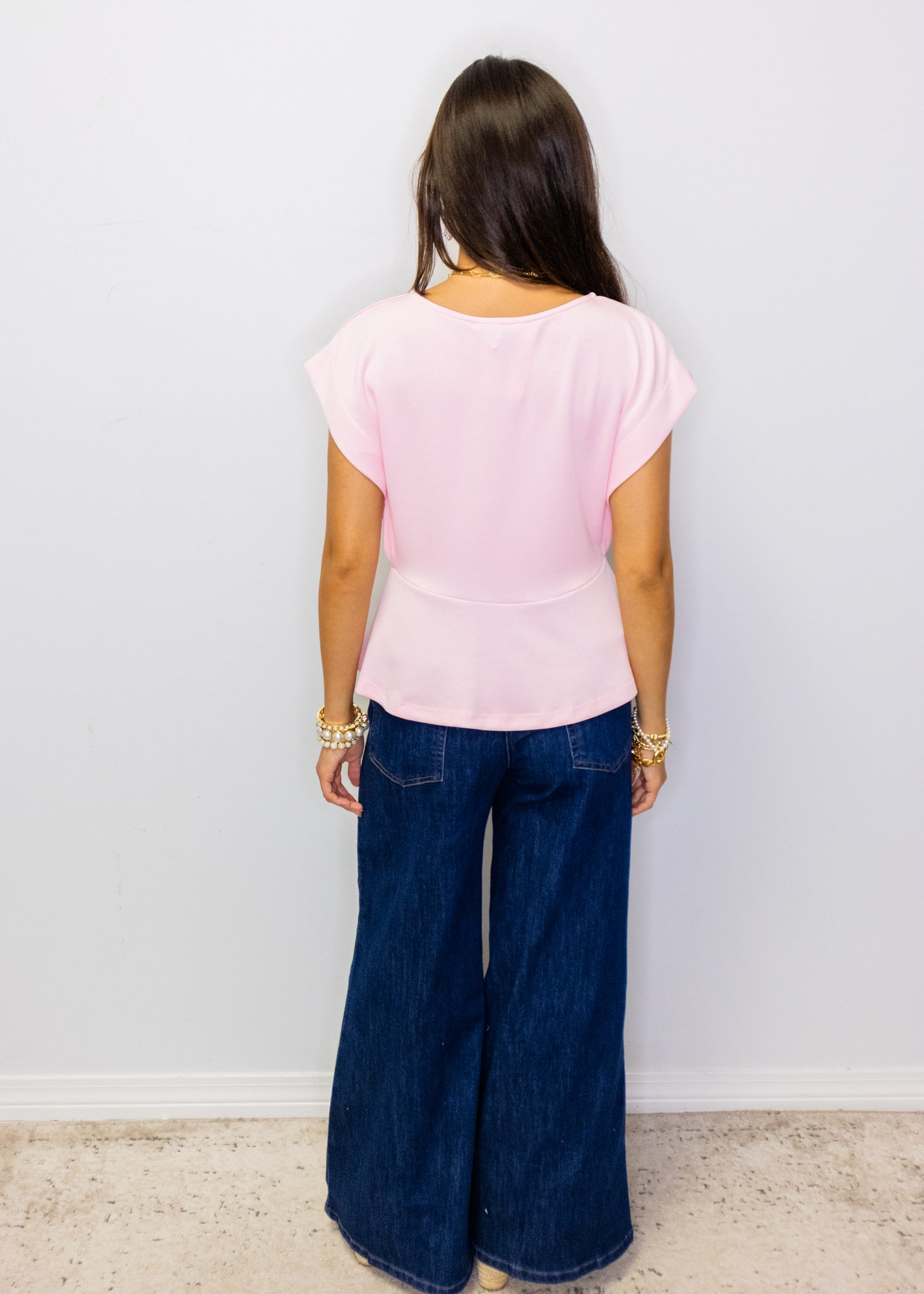 Baby Pink Draped Peplum Knit Top
