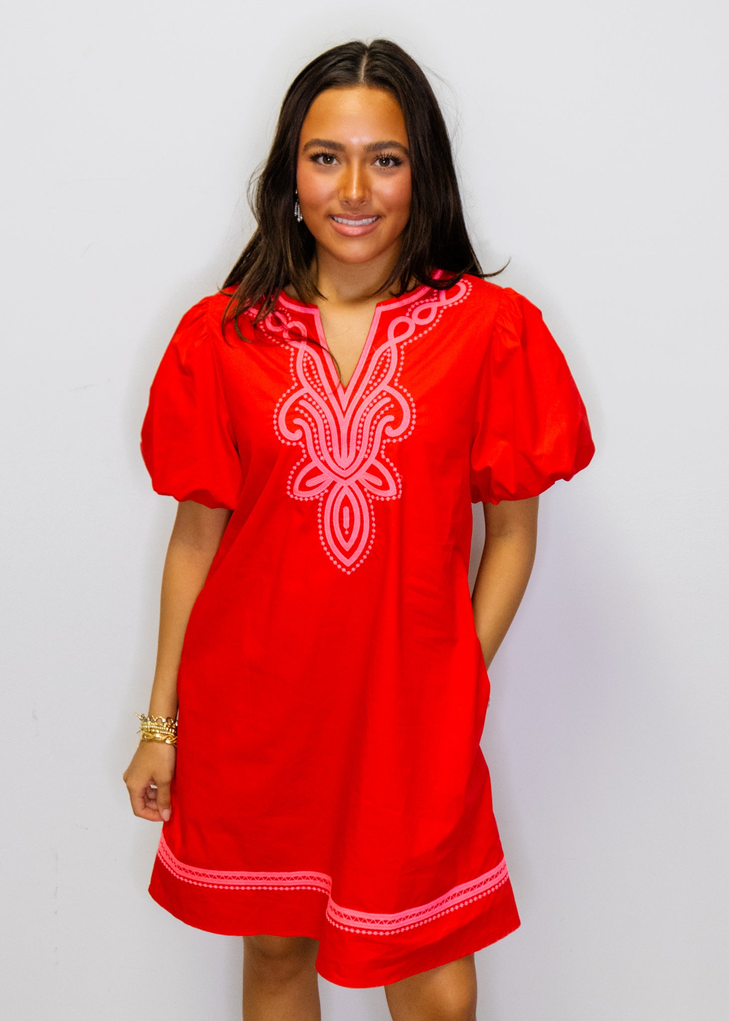 Red & Pink Embroidered Shift Dress