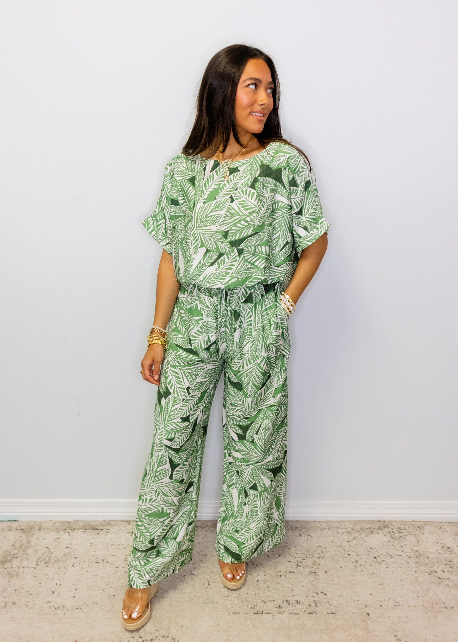Green Palms Print Wide Leg Pants