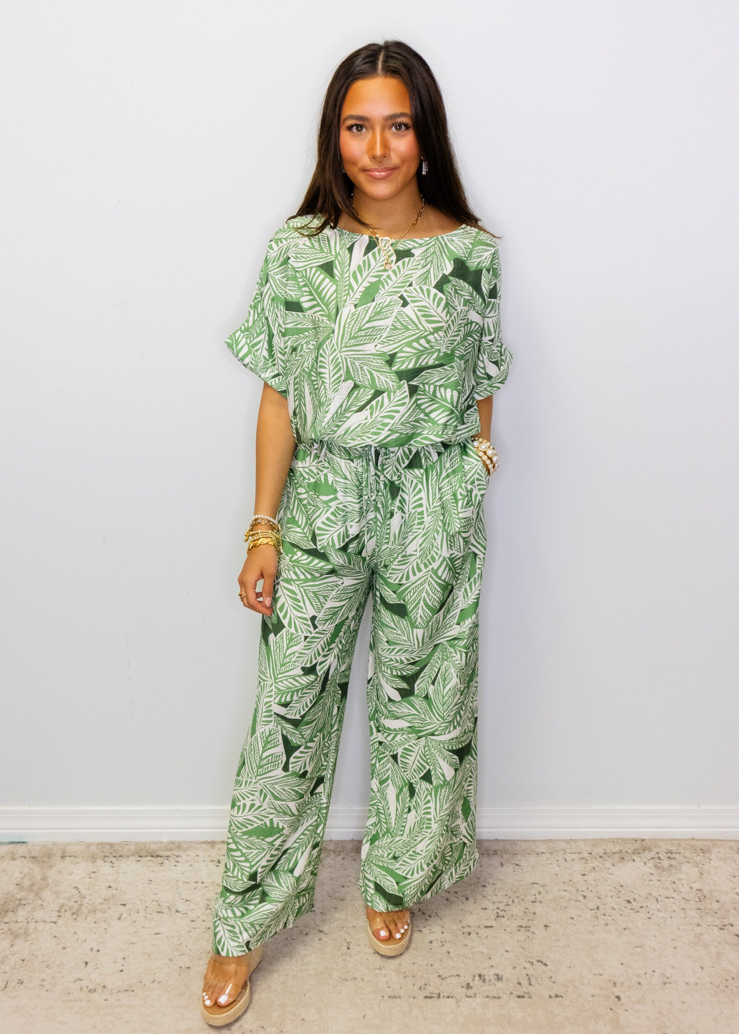 Green Palms Print Elastic Waist Top