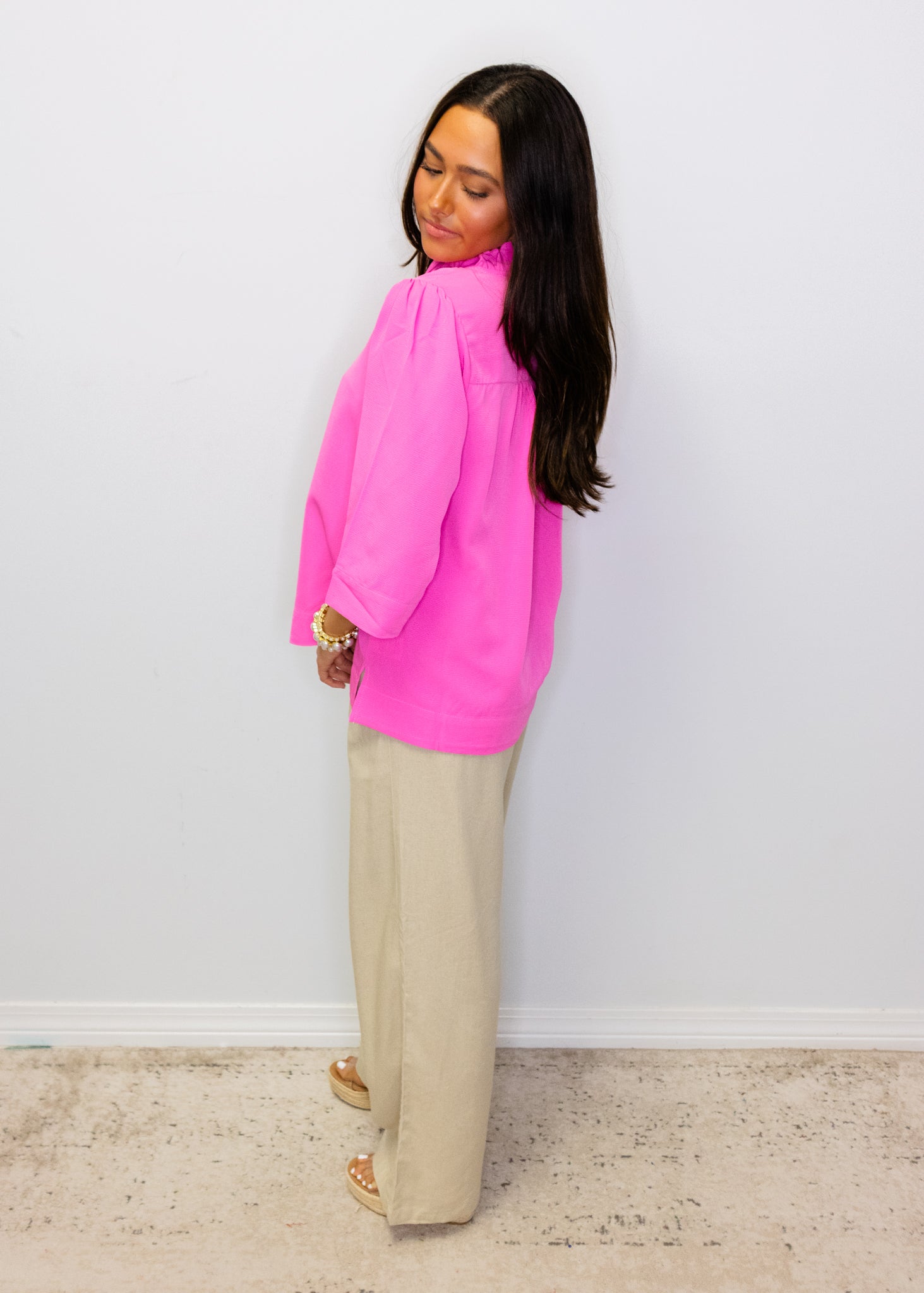 Bright Pink Ruffle Neck Top