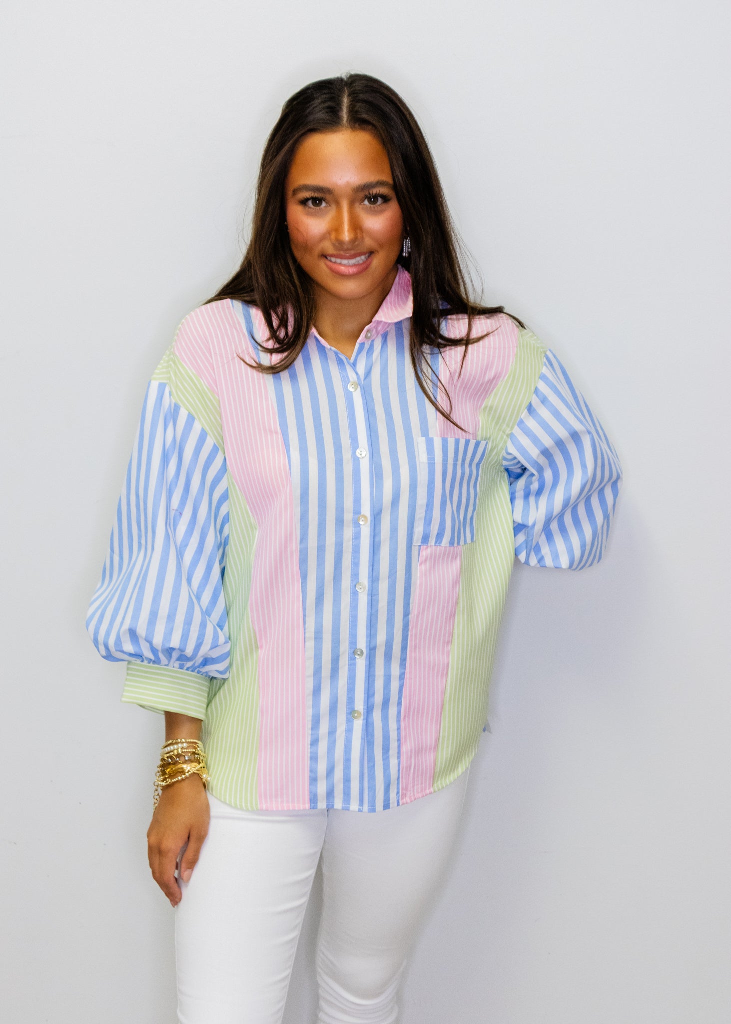 Multi Stripe Button Up Top