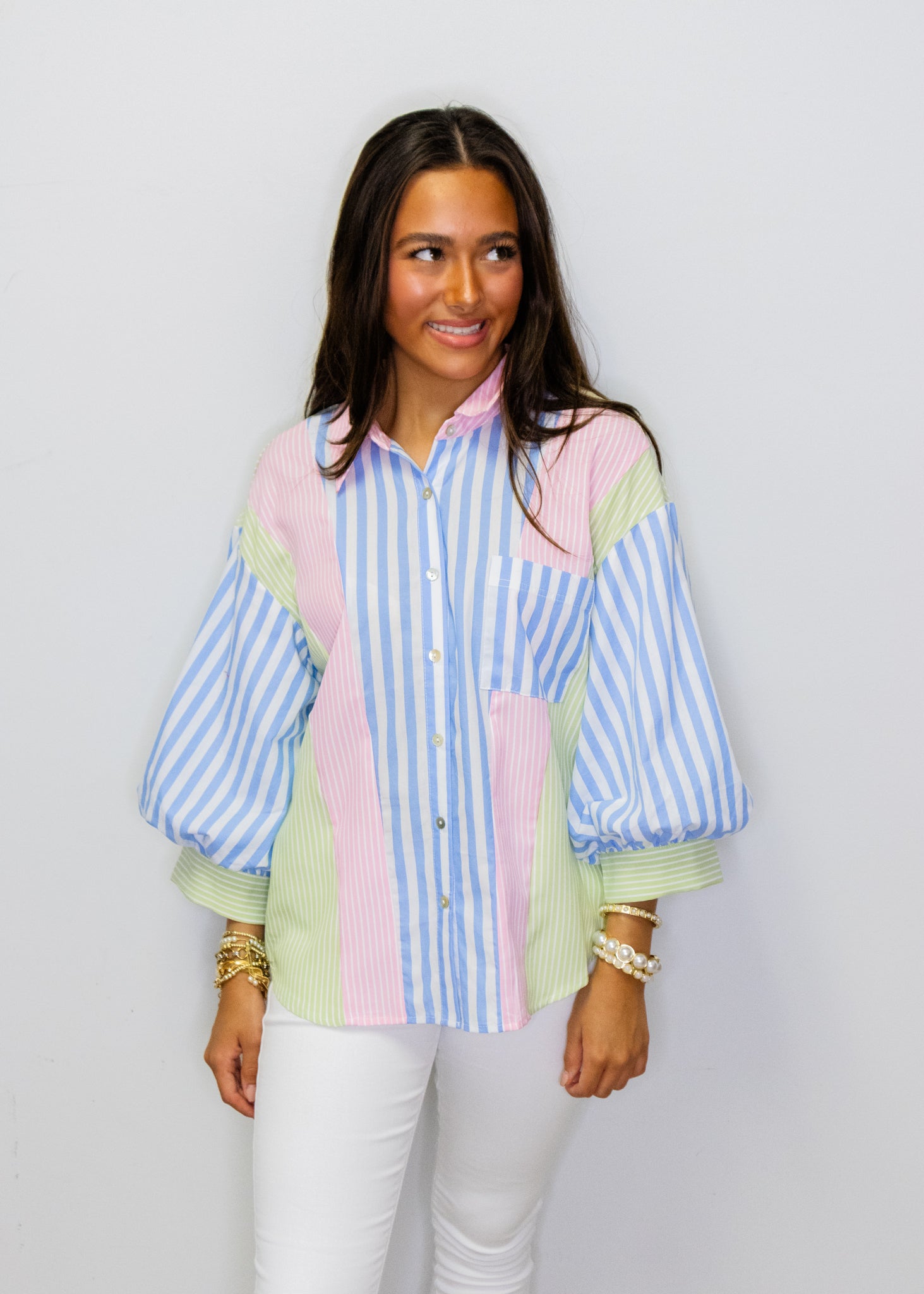 Multi Stripe Button Up Top