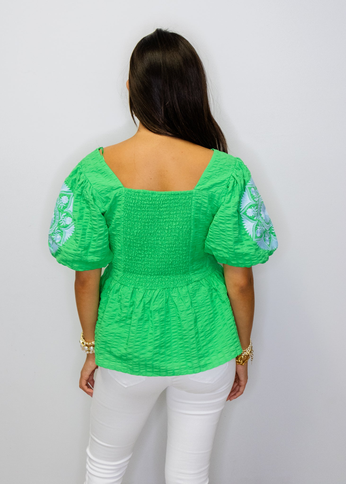 Green Embroidered Peplum Top