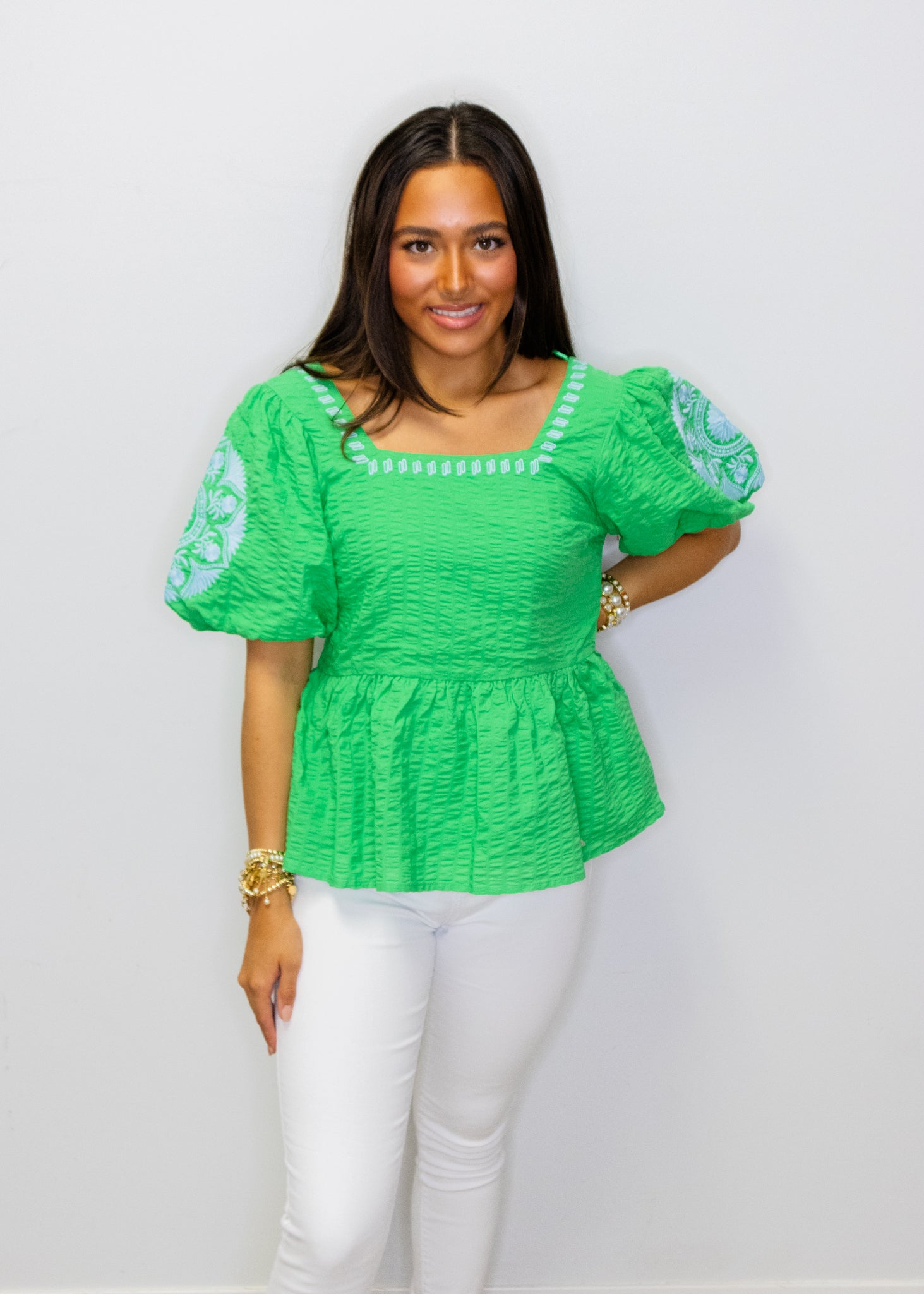 Green Embroidered Peplum Top