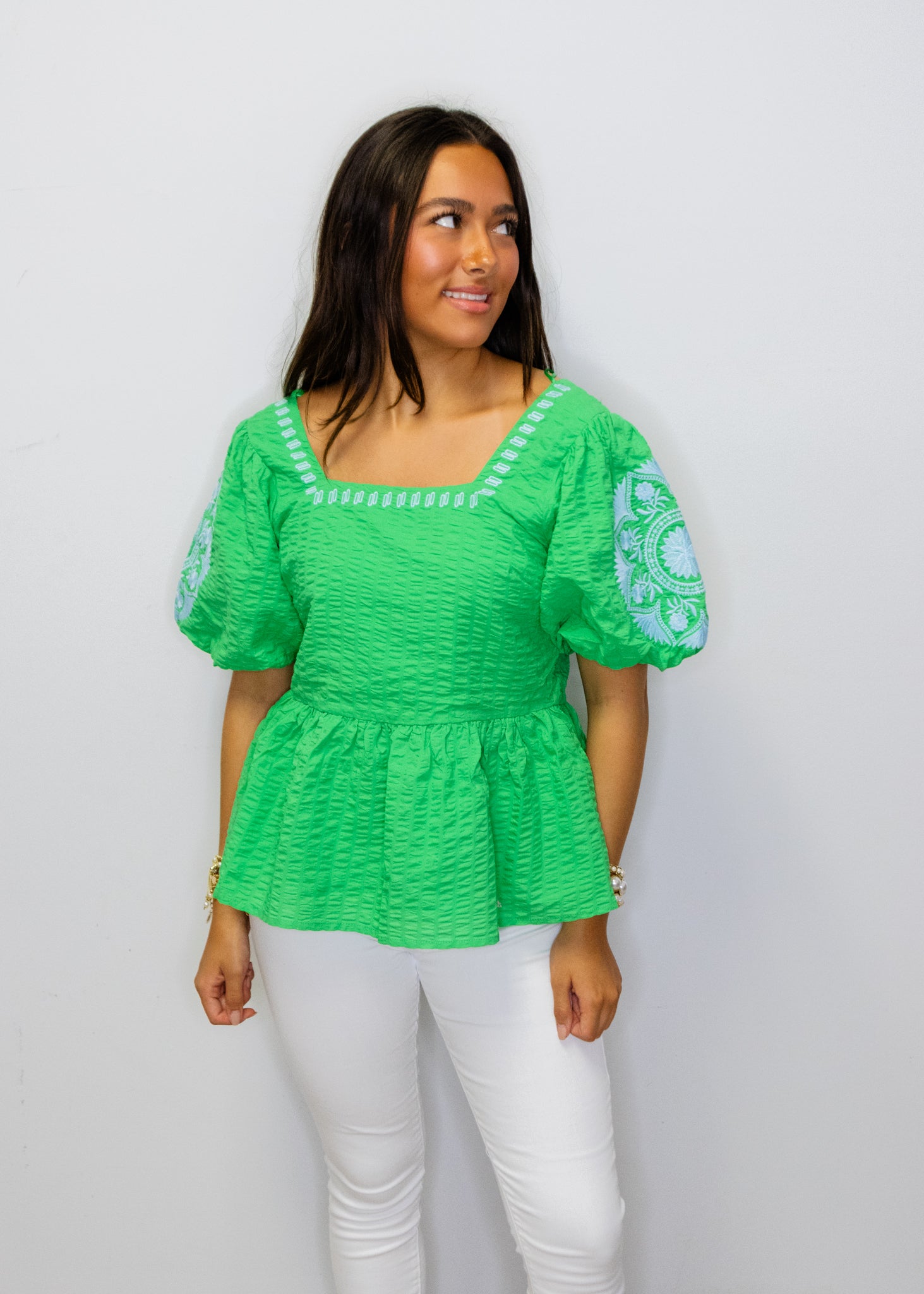 Green Embroidered Peplum Top
