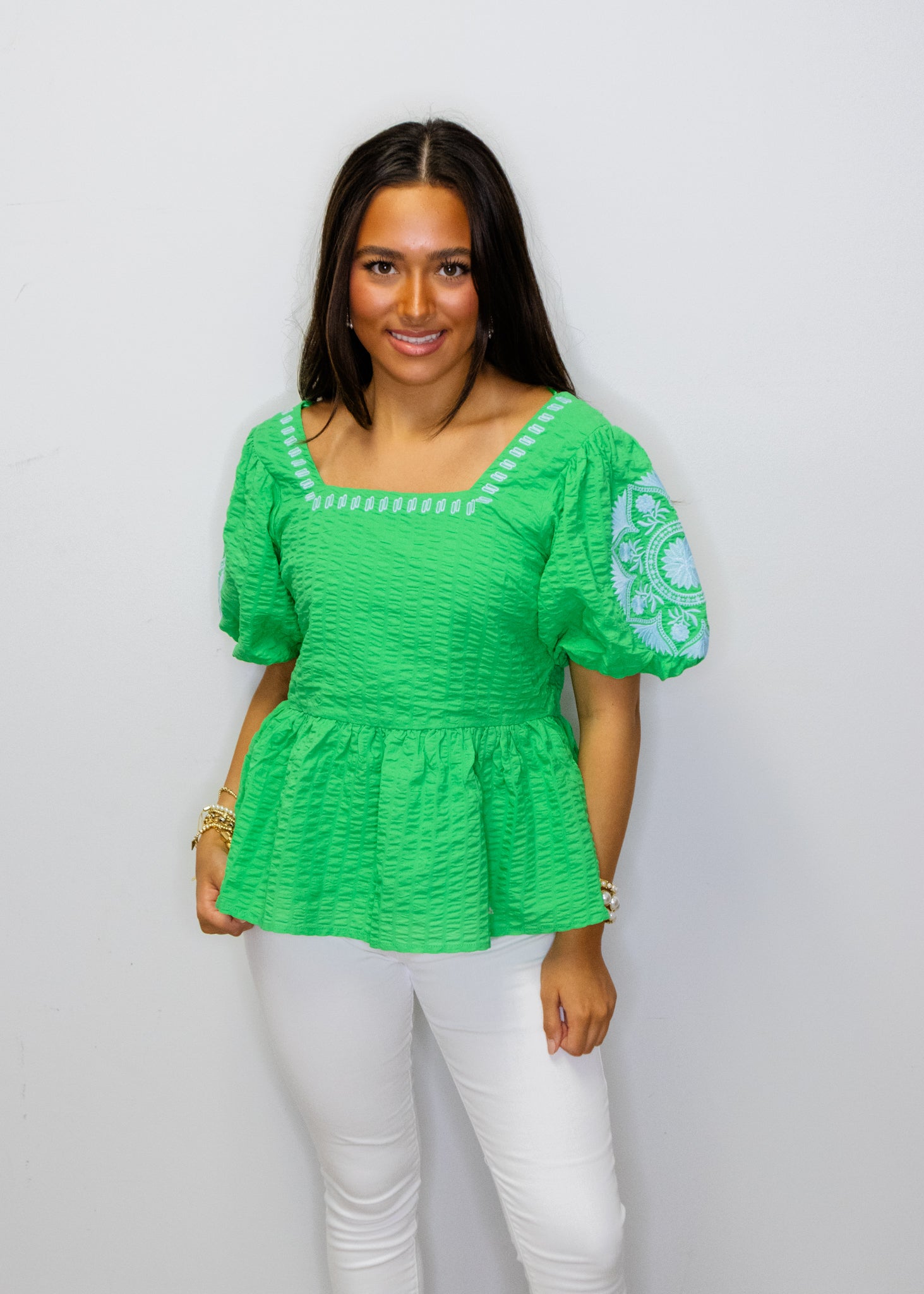 Green Embroidered Peplum Top