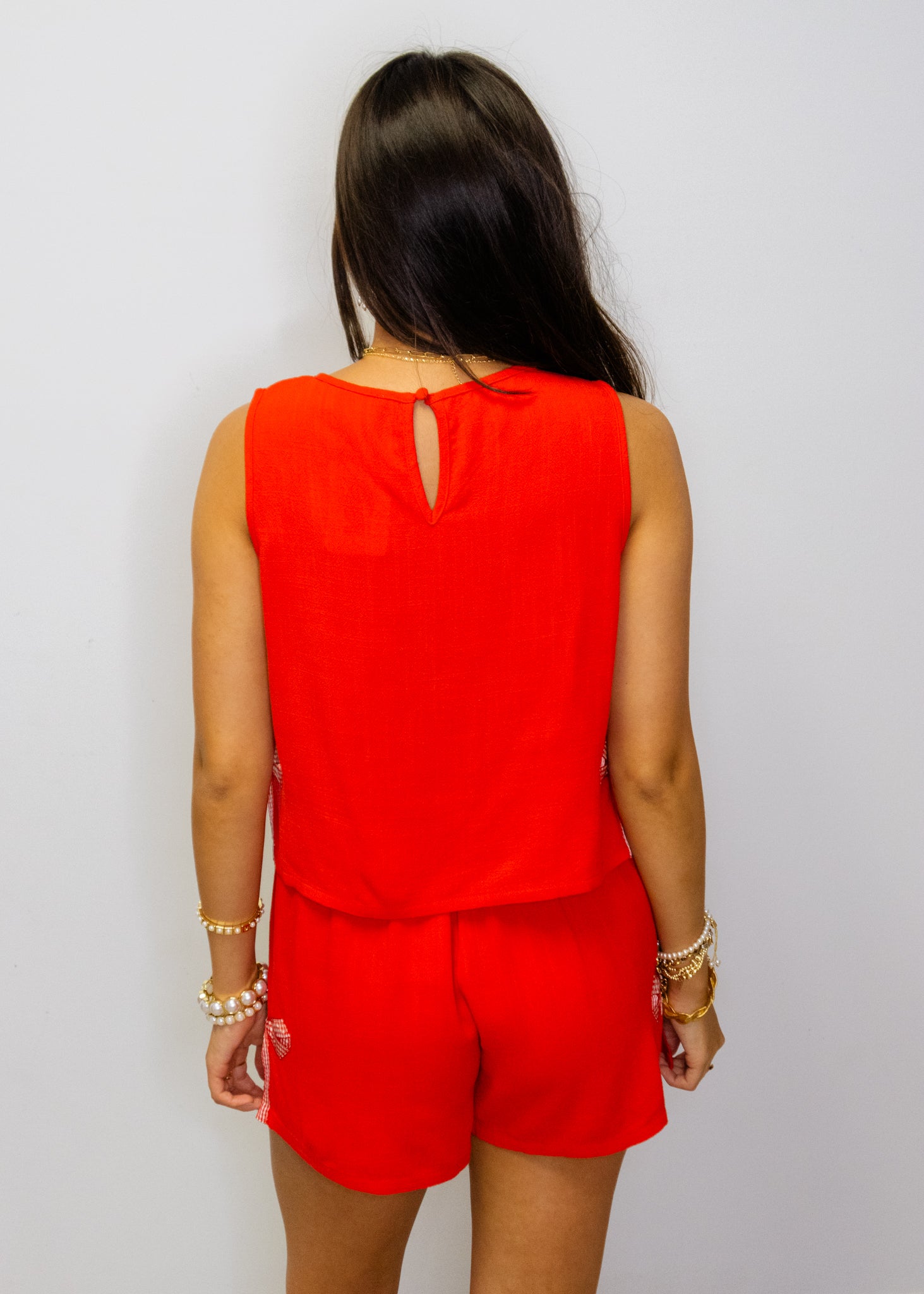 Red Linen Bow Shorts Set