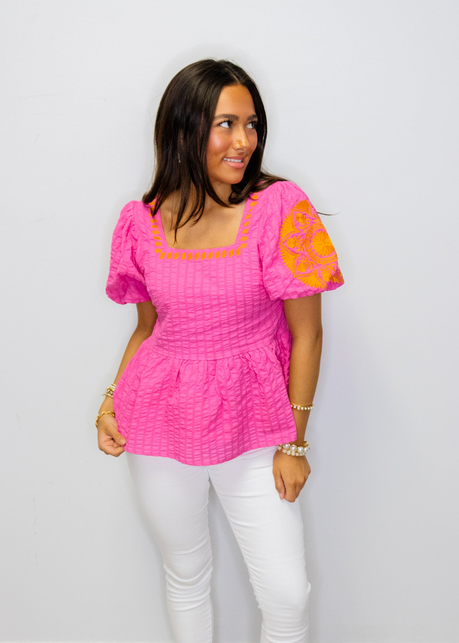 Pink Embroidered Peplum Top