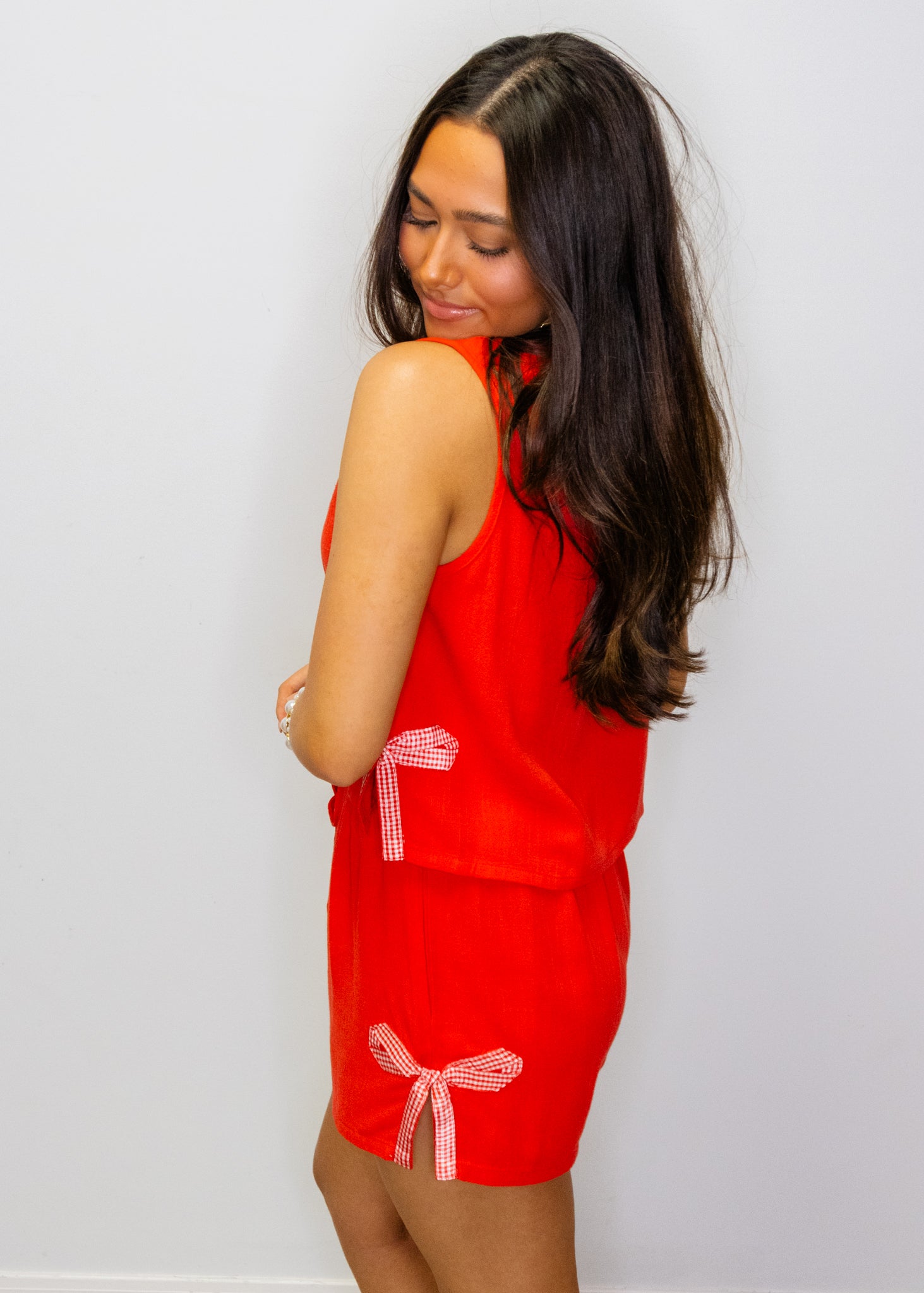 Red Linen Bow Shorts Set