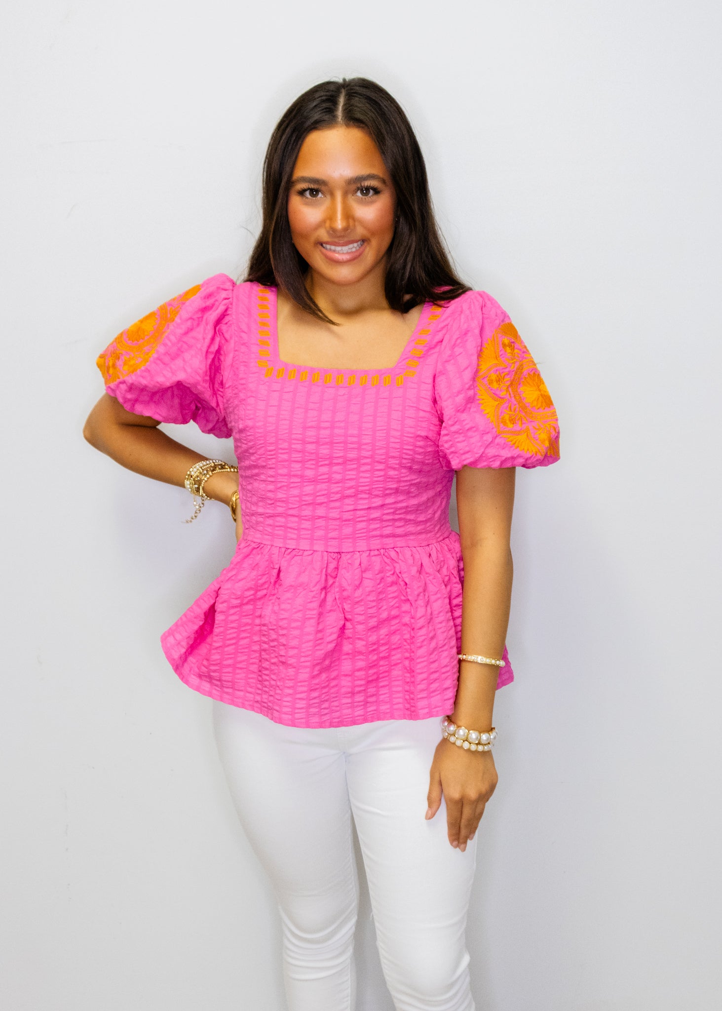 Pink Embroidered Peplum Top