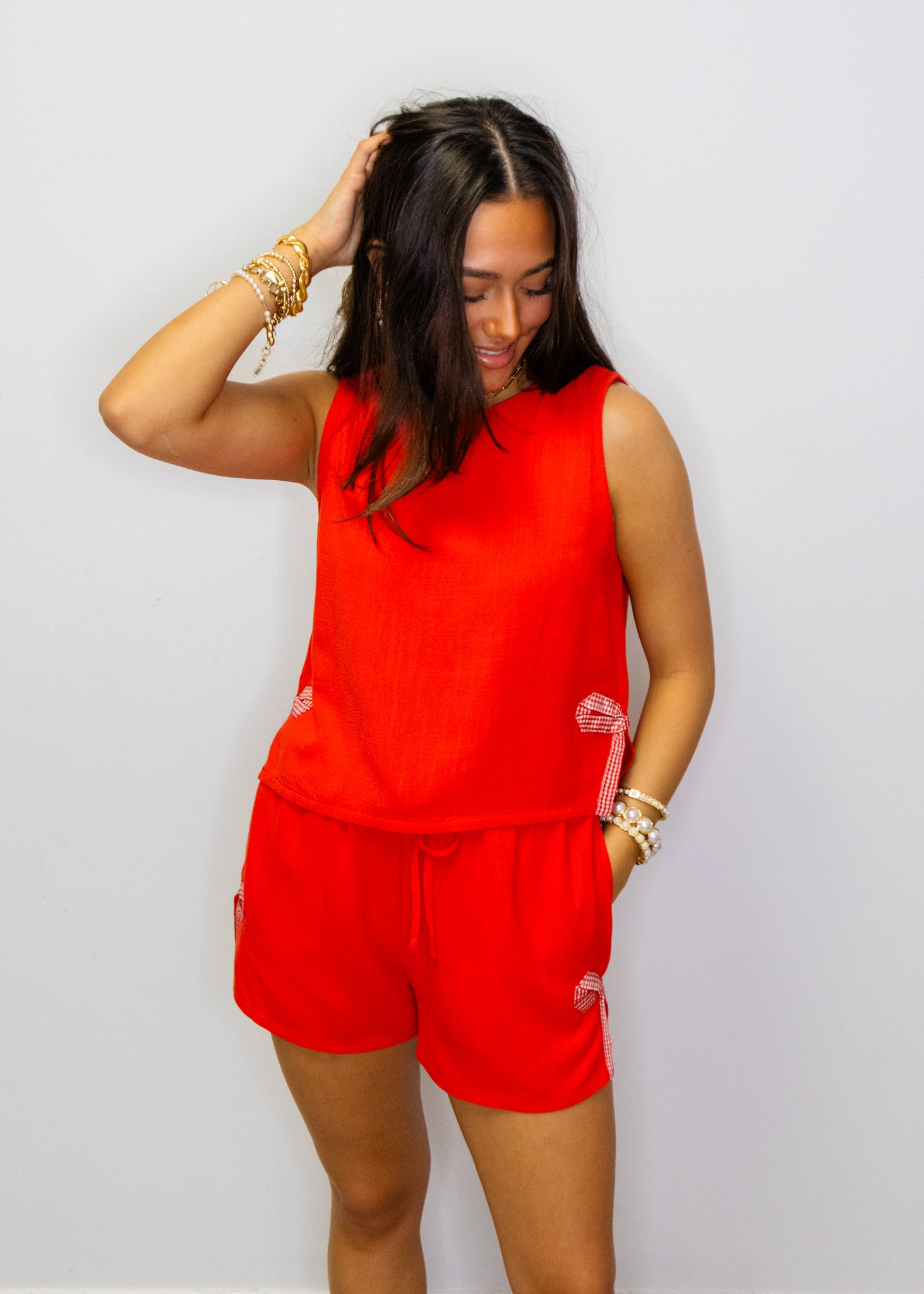 Red Linen Bow Shorts Set