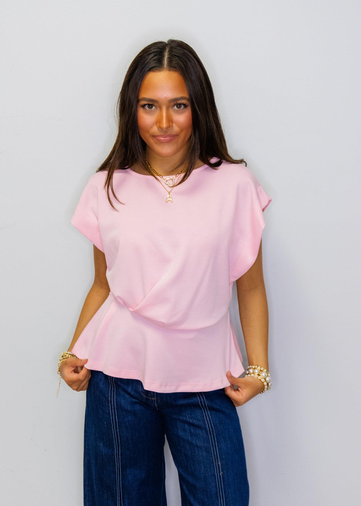 Baby Pink Draped Peplum Knit Top