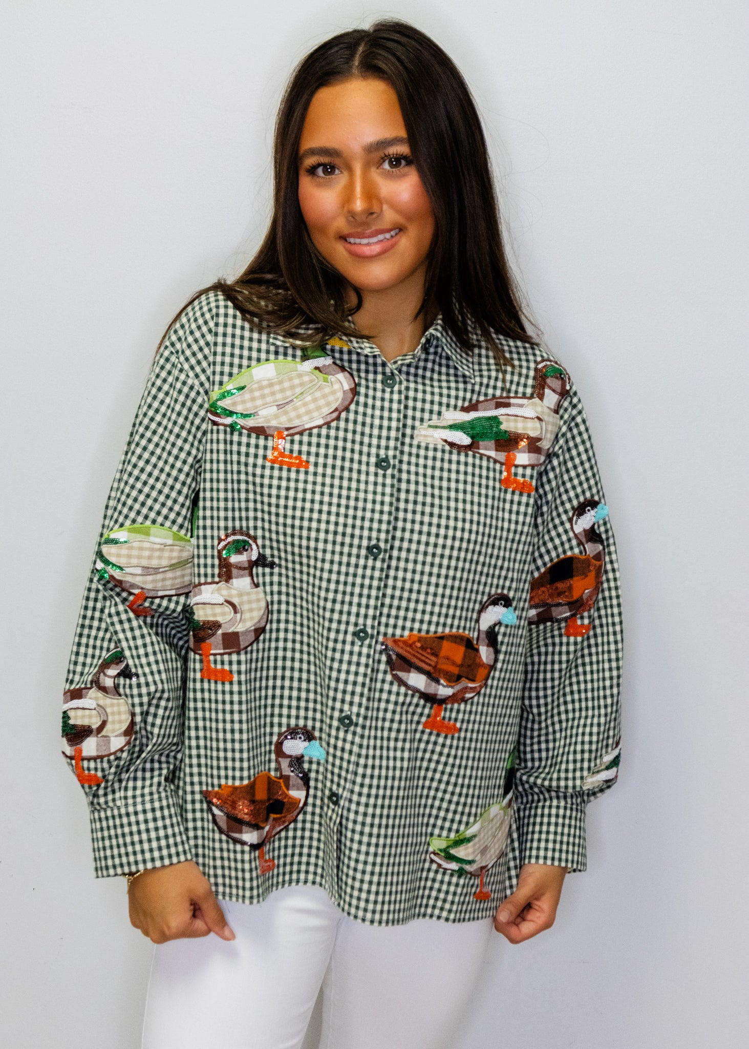 Green & White Gingham Duck Button Up Top