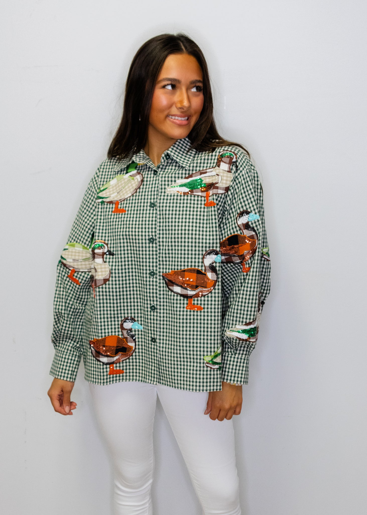 Green & White Gingham Duck Button Up Top