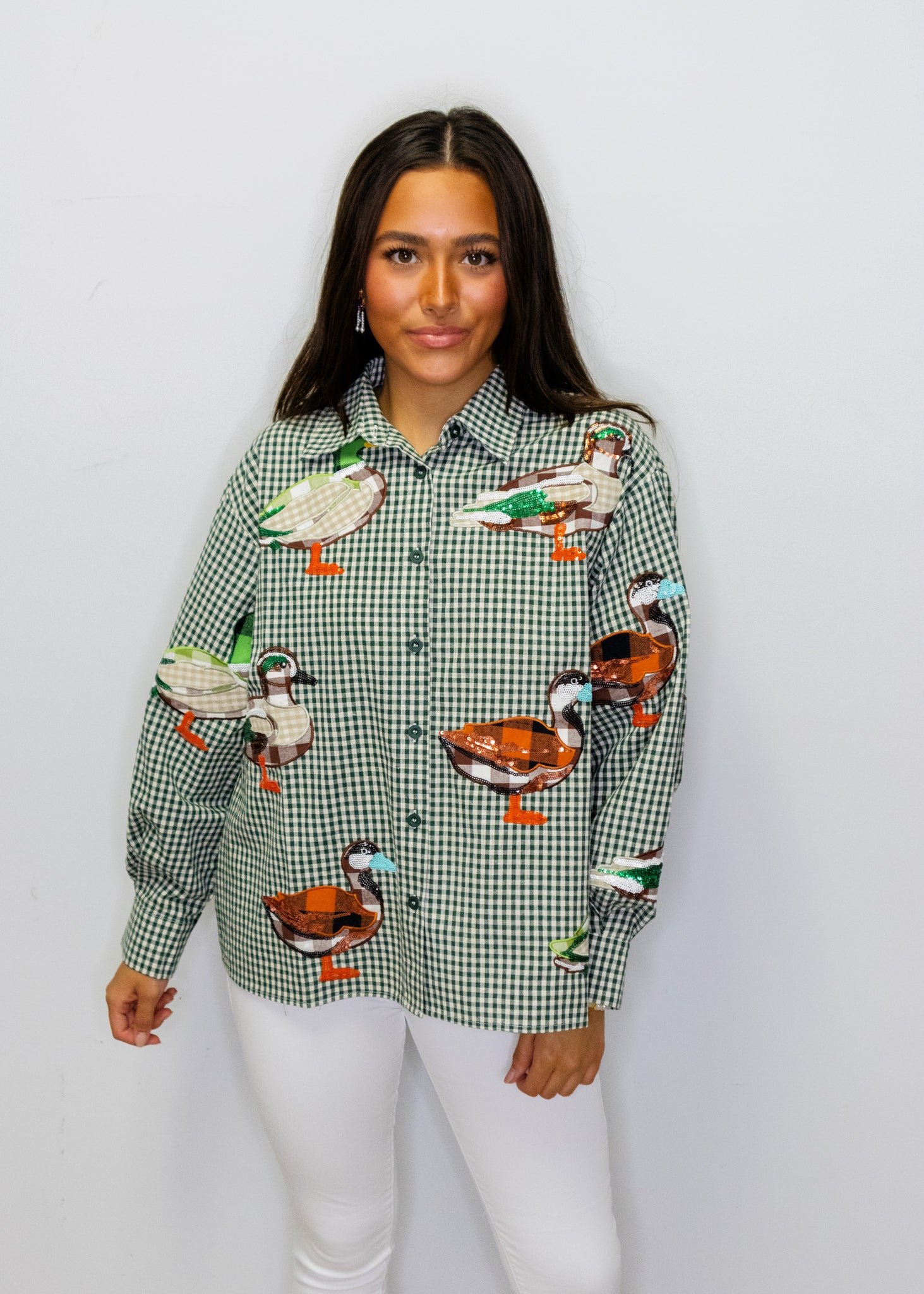 Green & White Gingham Duck Button Up Top