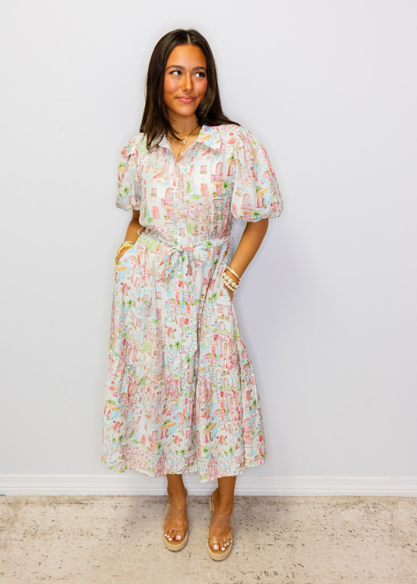 Multi Town Button Midi Dress
