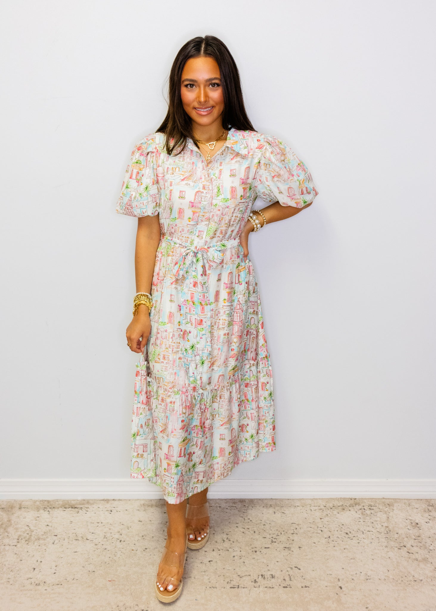 Multi Town Button Midi Dress