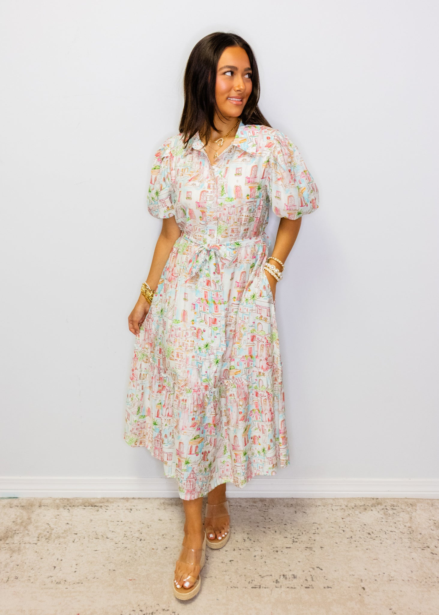 Multi Town Button Midi Dress