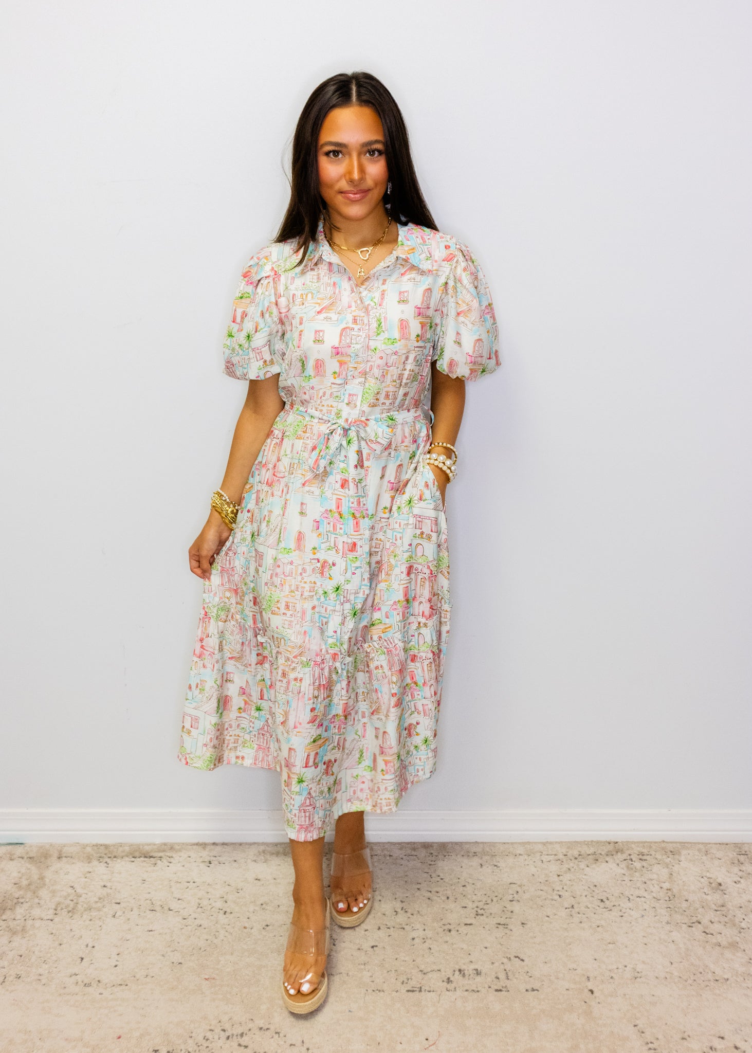 Multi Town Button Midi Dress