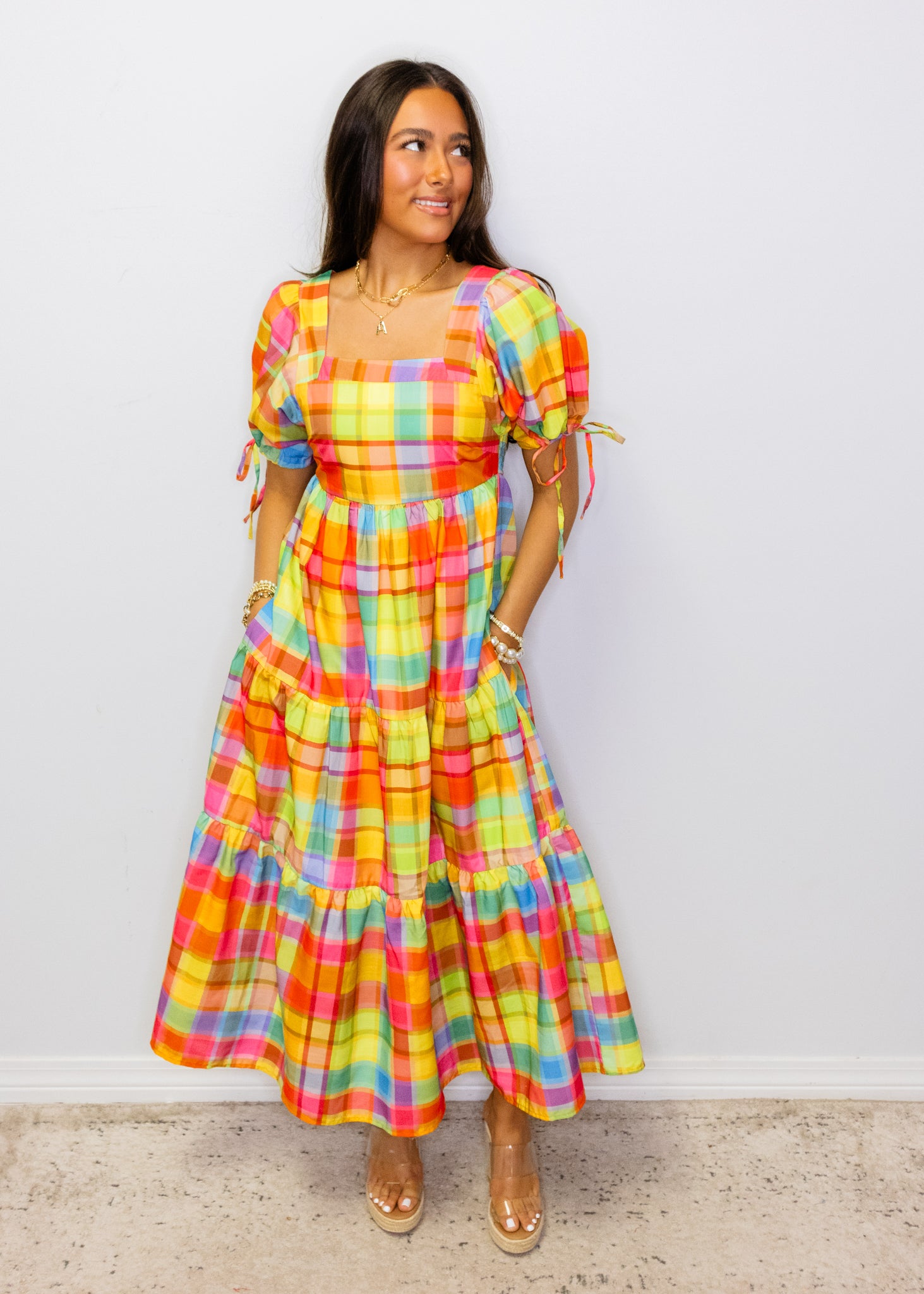 Bright Check Tiered Maxi Dress