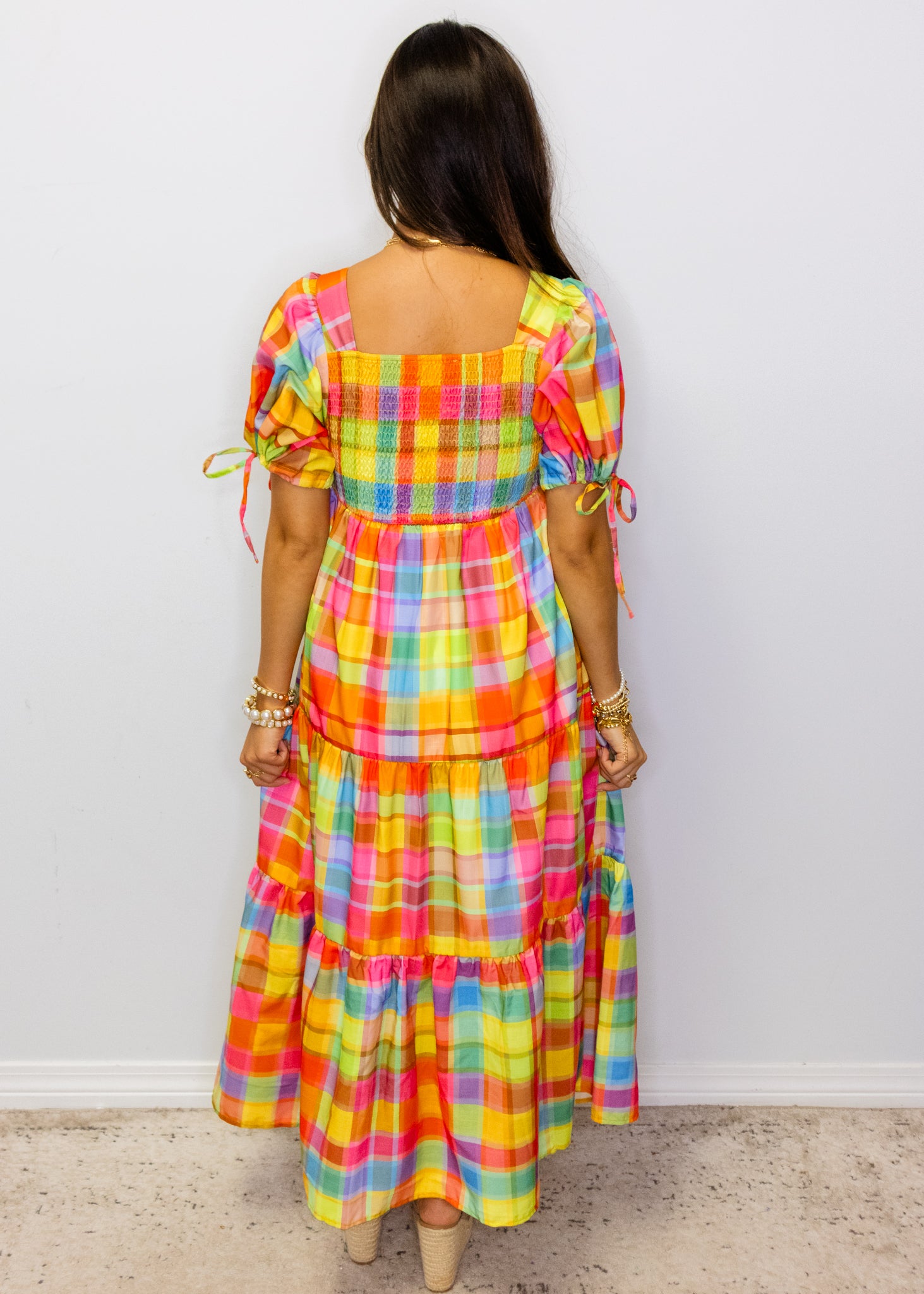 Bright Check Tiered Maxi Dress