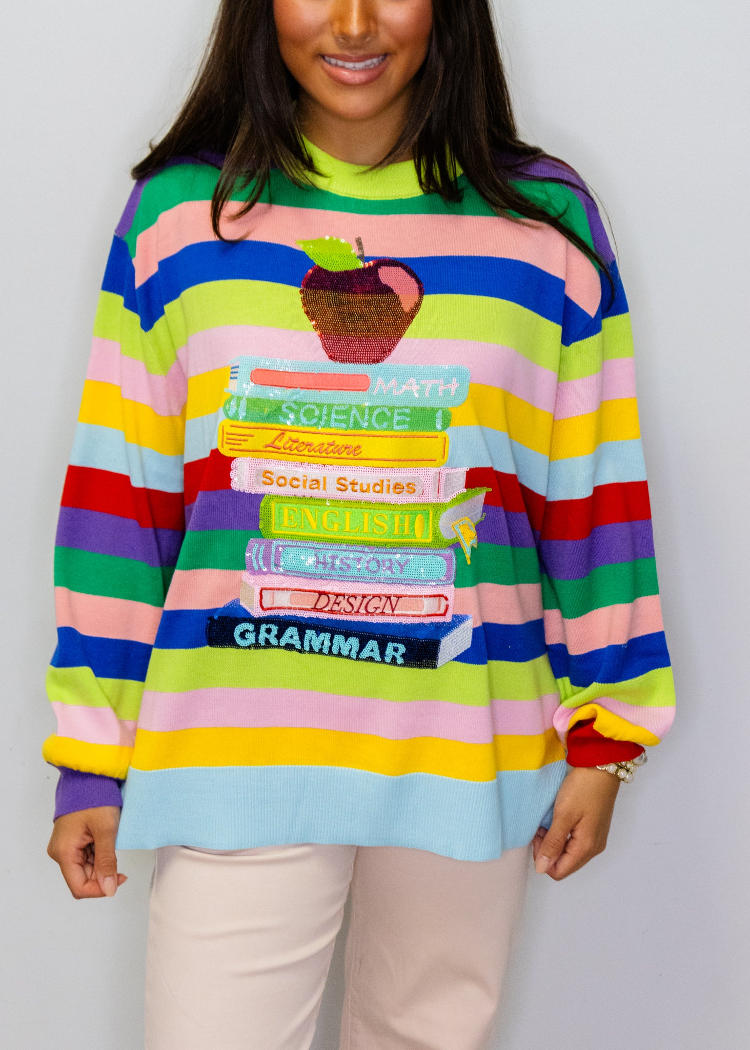 Multi Stripe School Books & Apple Sweater