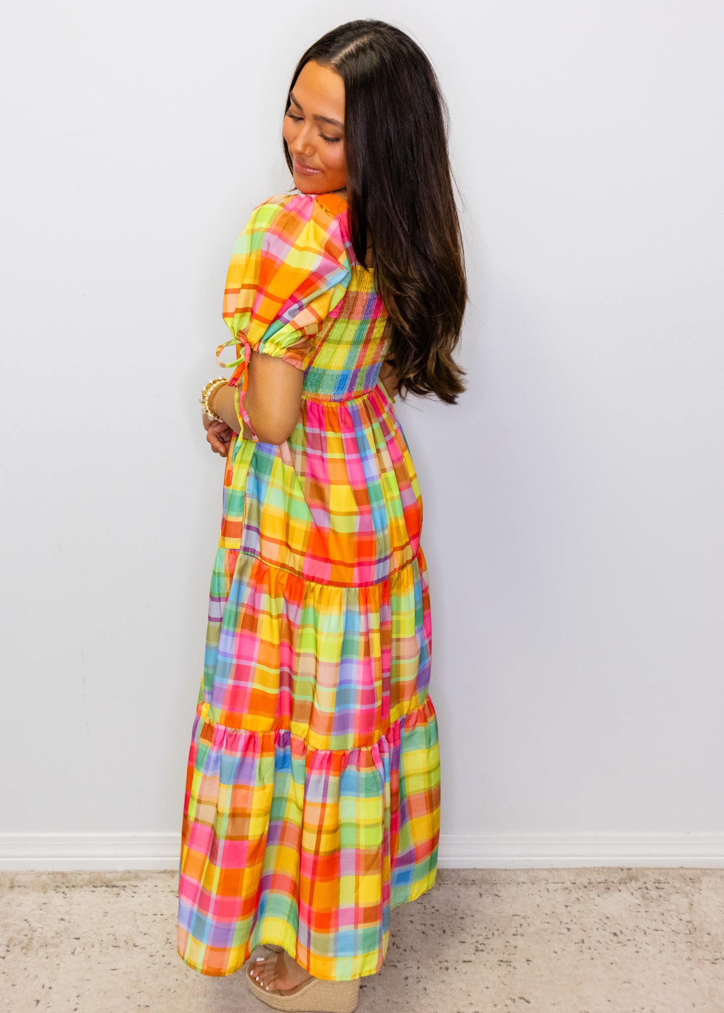 Bright Check Tiered Maxi Dress