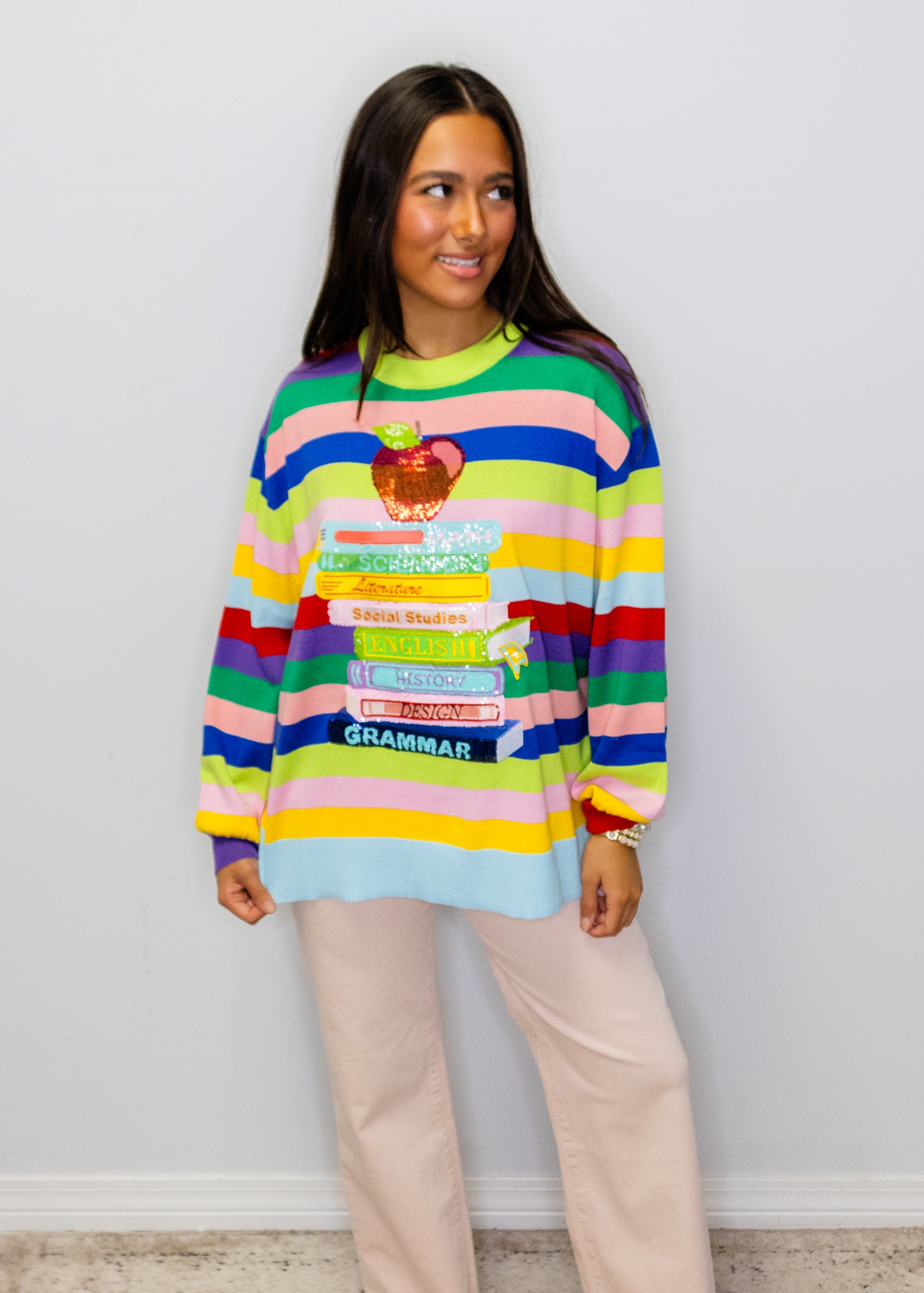 Multi Stripe School Books & Apple Sweater