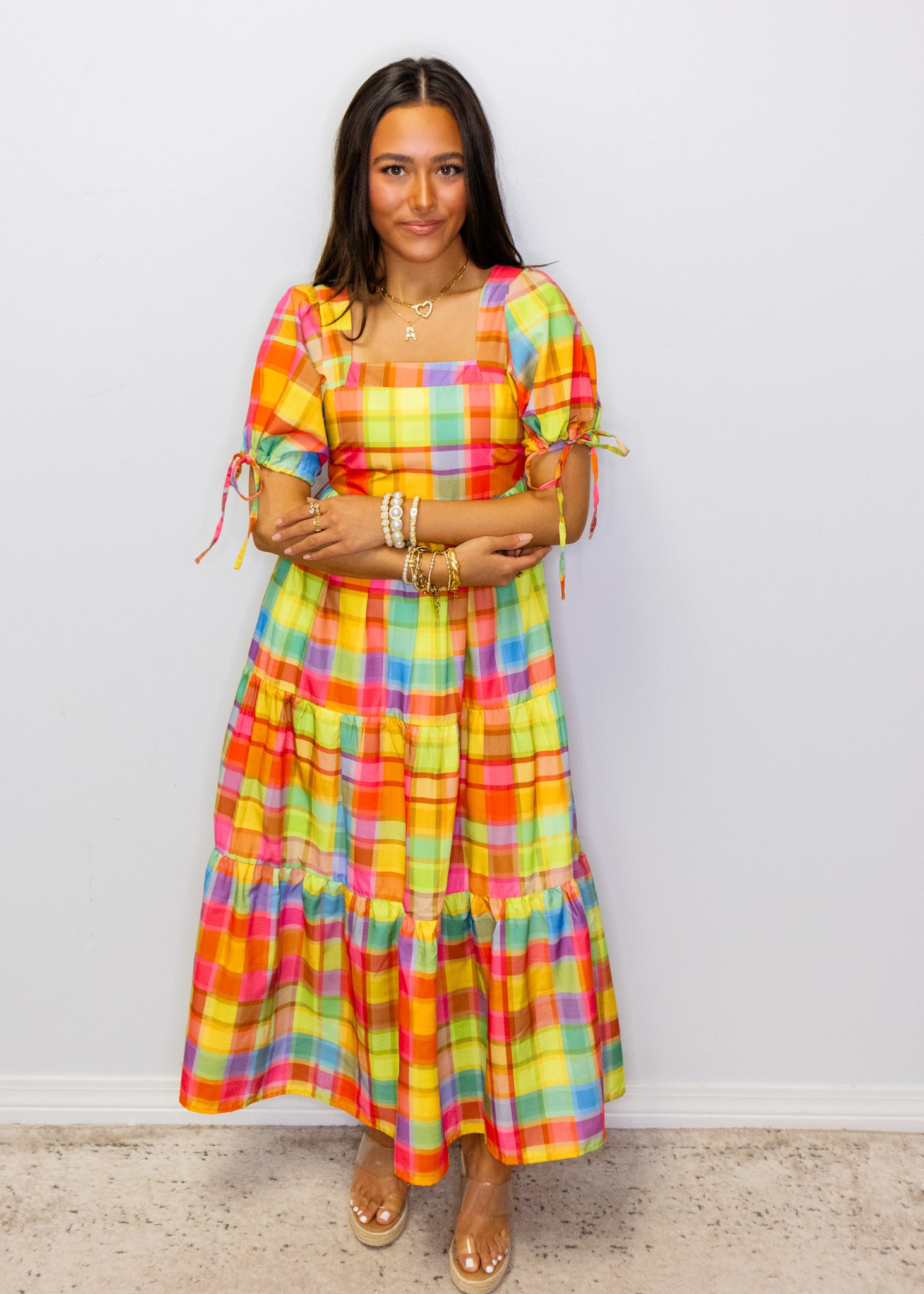 Bright Check Tiered Maxi Dress