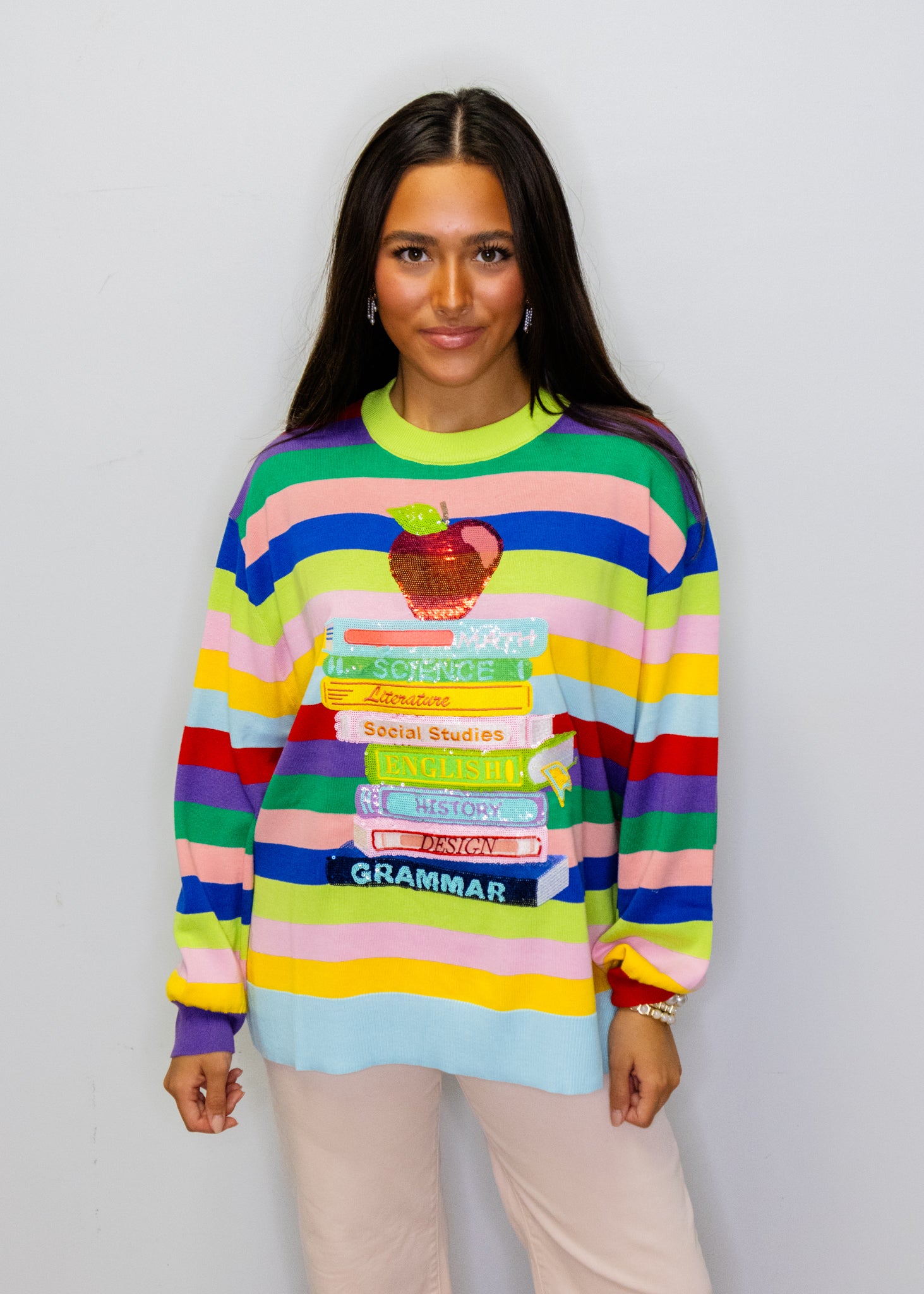 Multi Stripe School Books & Apple Sweater