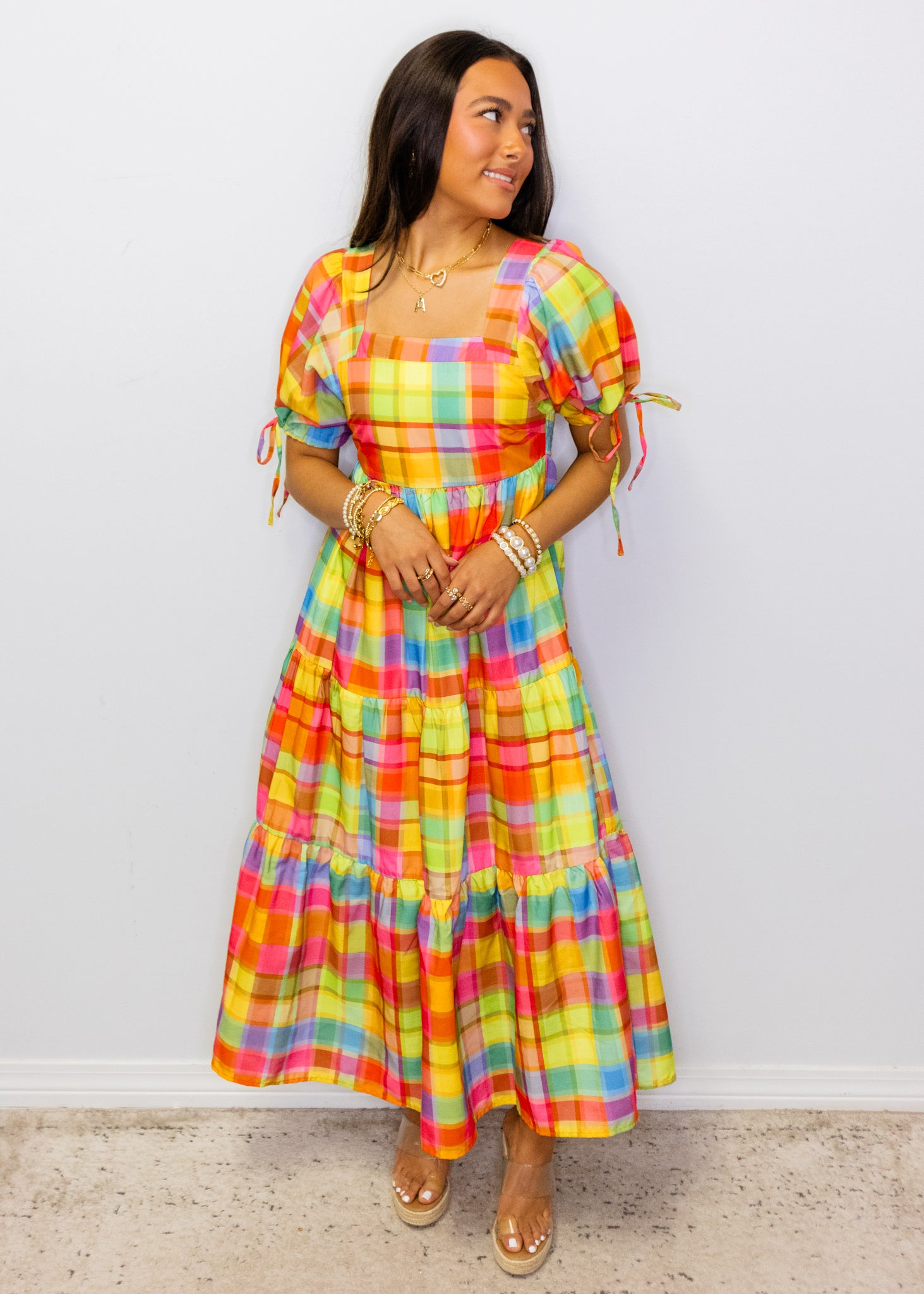 Bright Check Tiered Maxi Dress