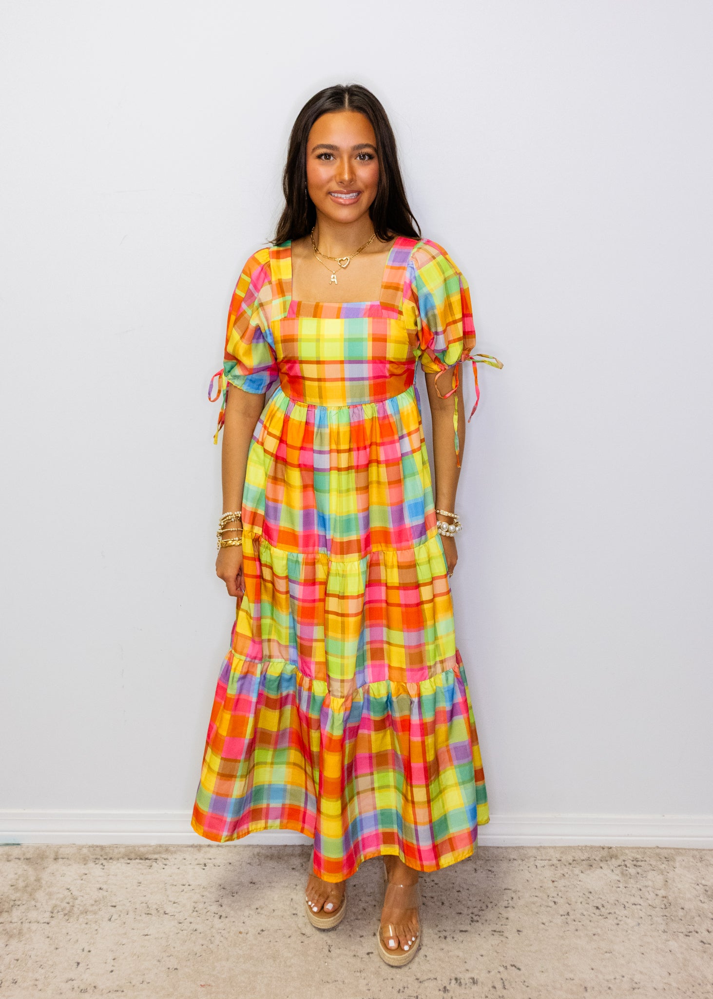 Bright Check Tiered Maxi Dress