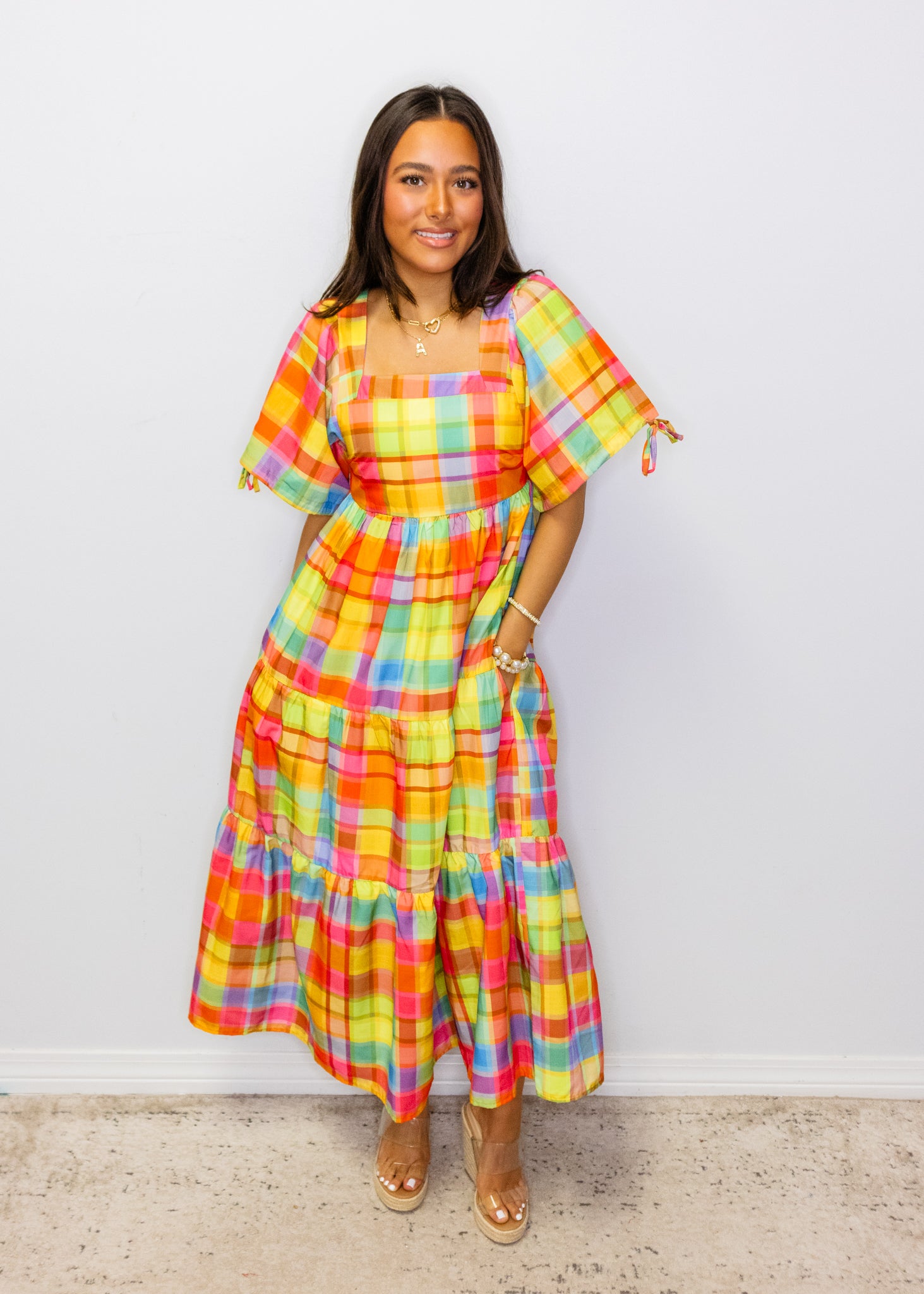 Bright Check Tiered Maxi Dress