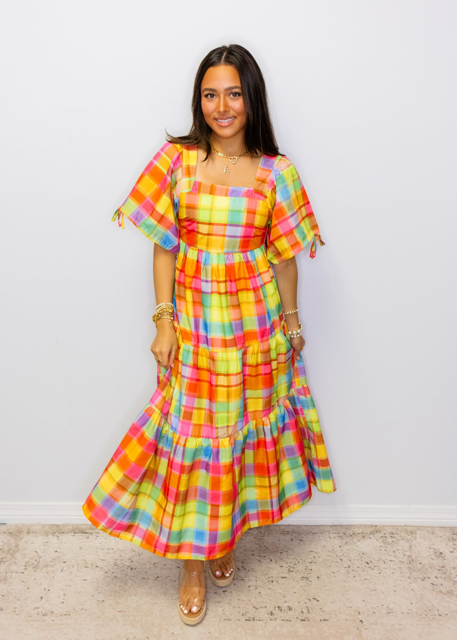 Bright Check Tiered Maxi Dress