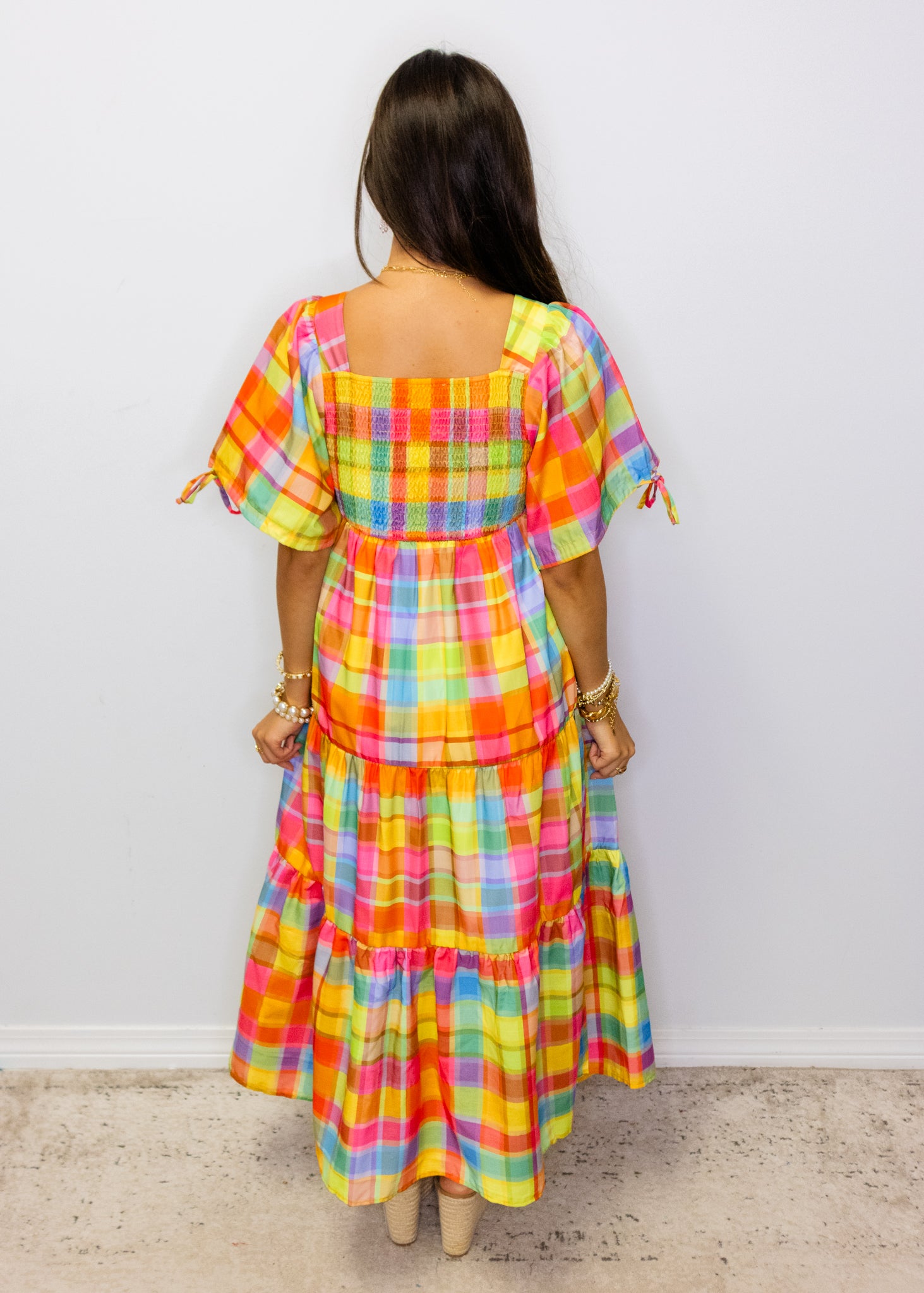 Bright Check Tiered Maxi Dress