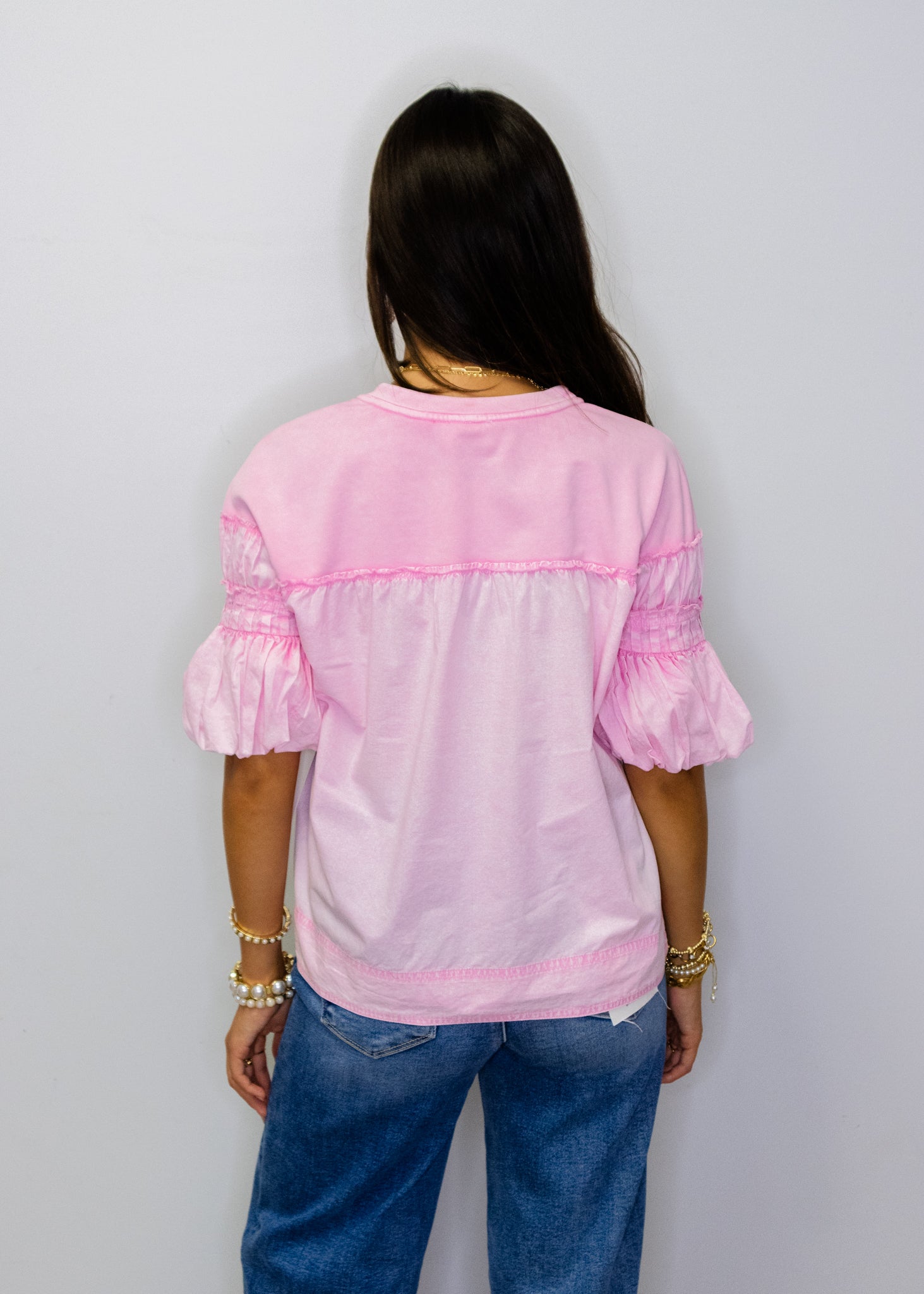 Pink Mineral Wash Puff Sleeve Top