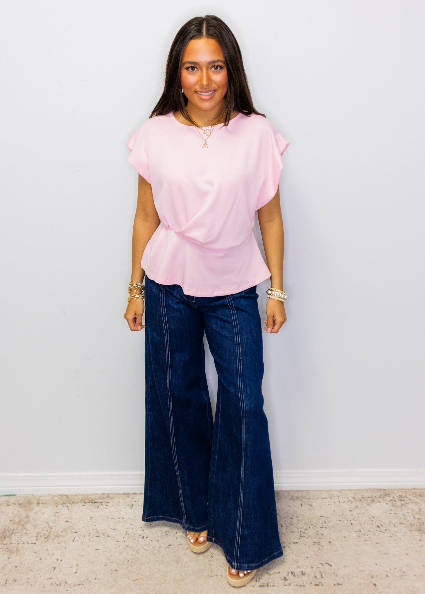 Baby Pink Draped Peplum Knit Top