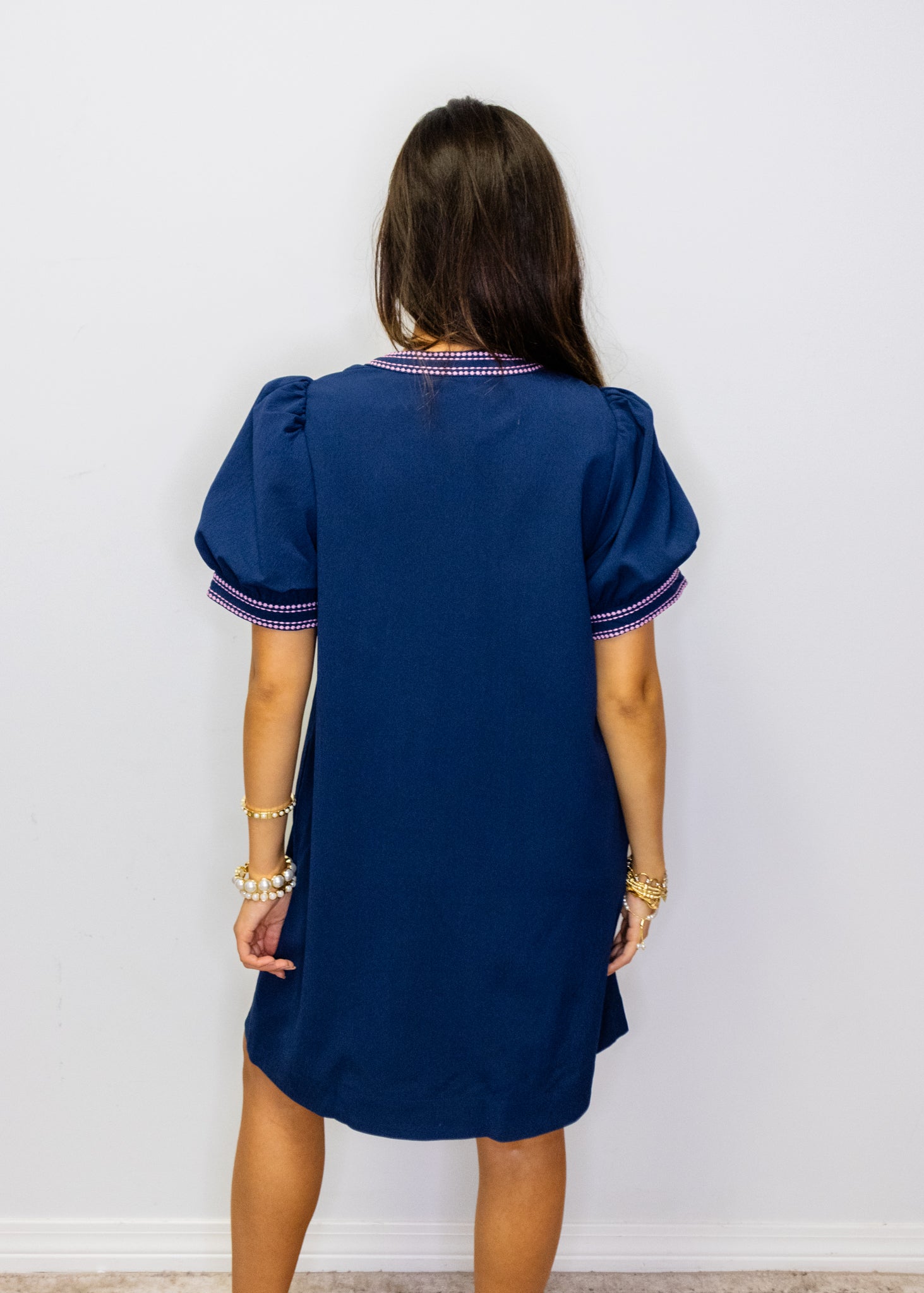 Navy Border Embroidered Dress