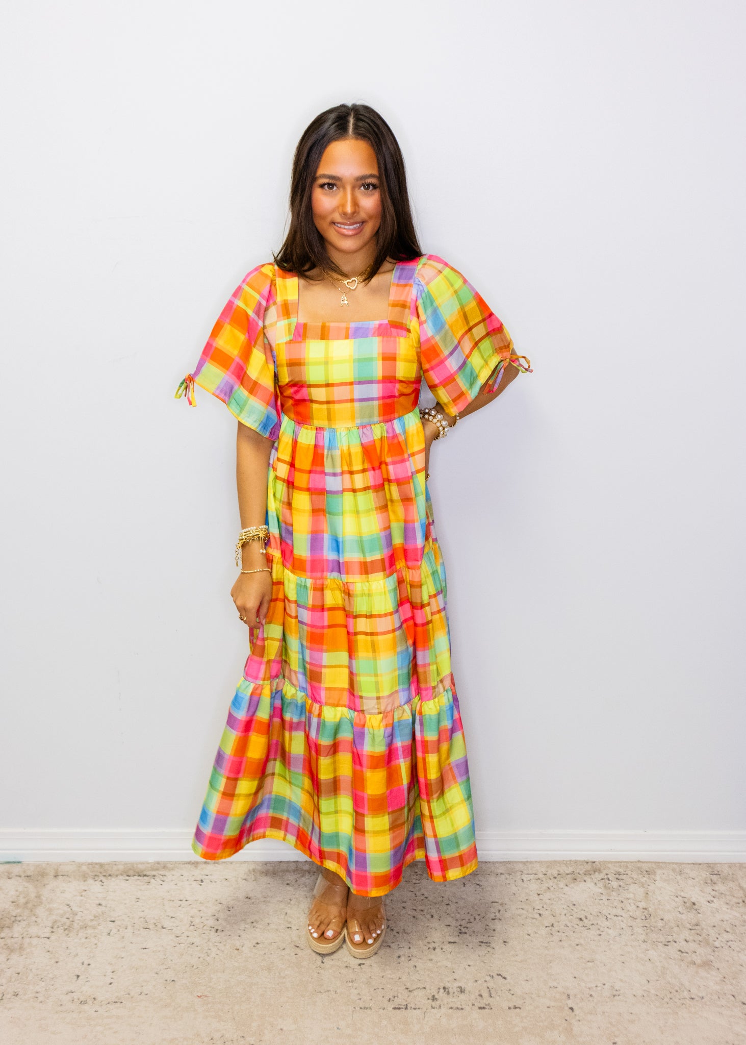 Bright Check Tiered Maxi Dress