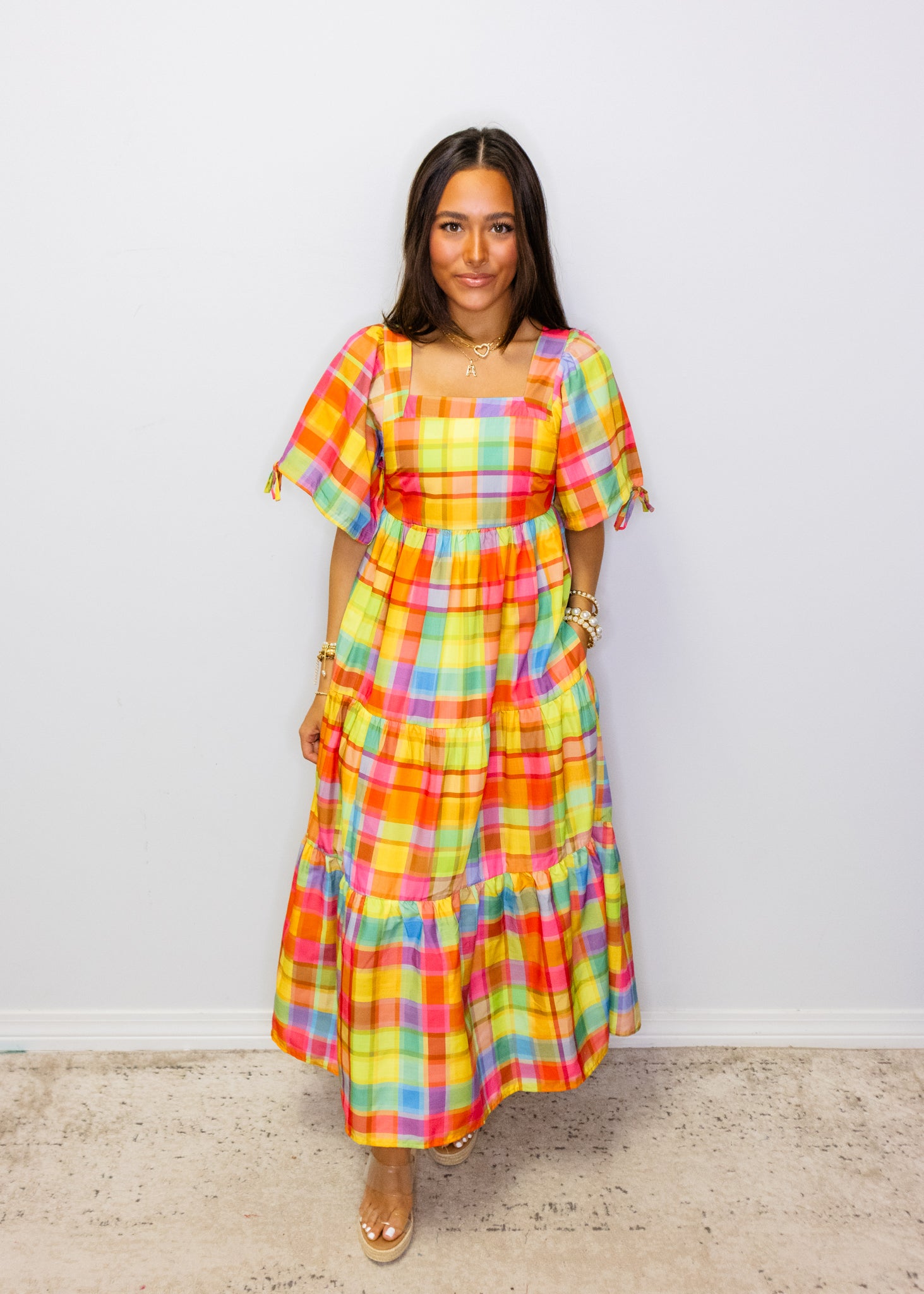 Bright Check Tiered Maxi Dress