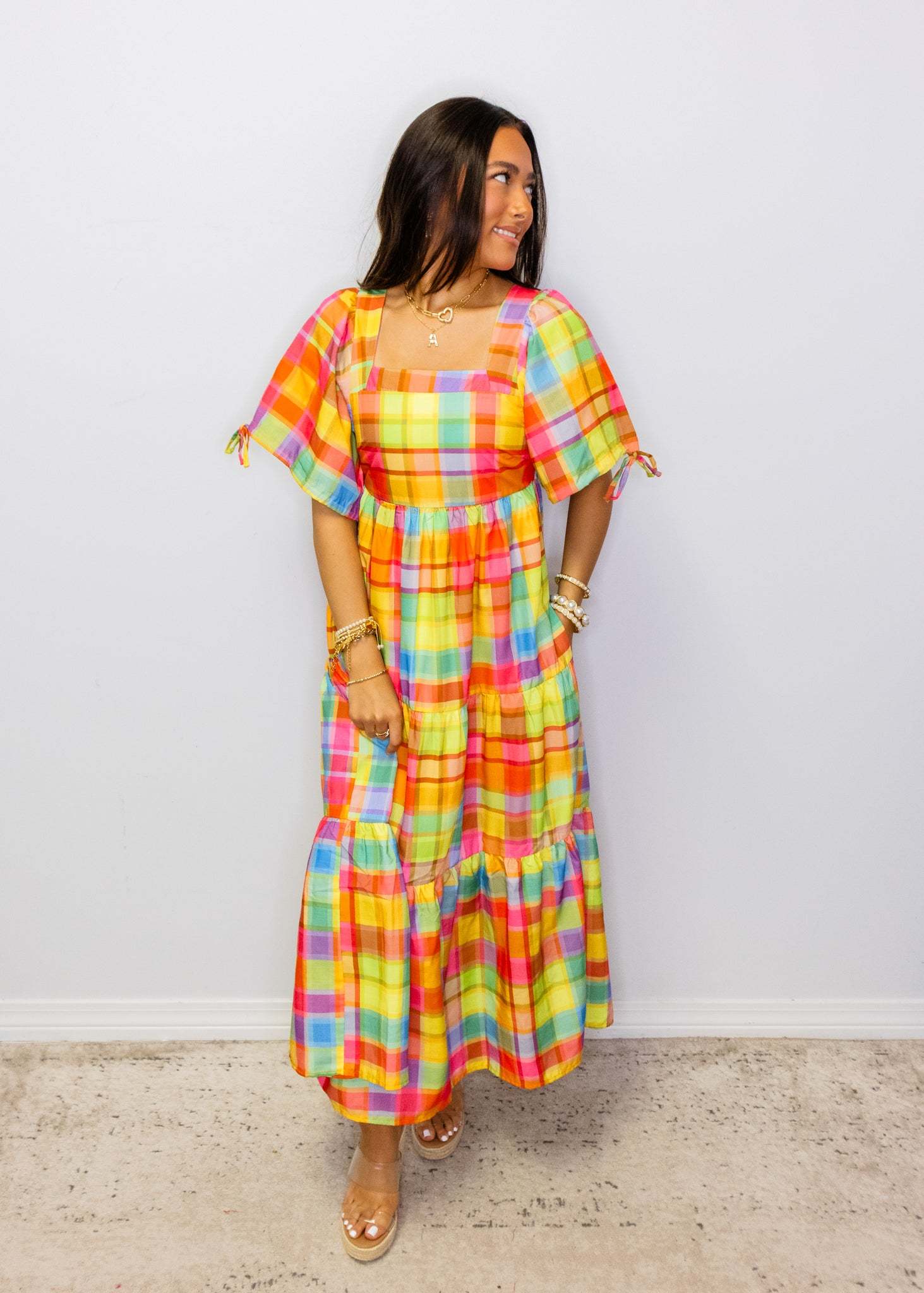 Bright Check Tiered Maxi Dress
