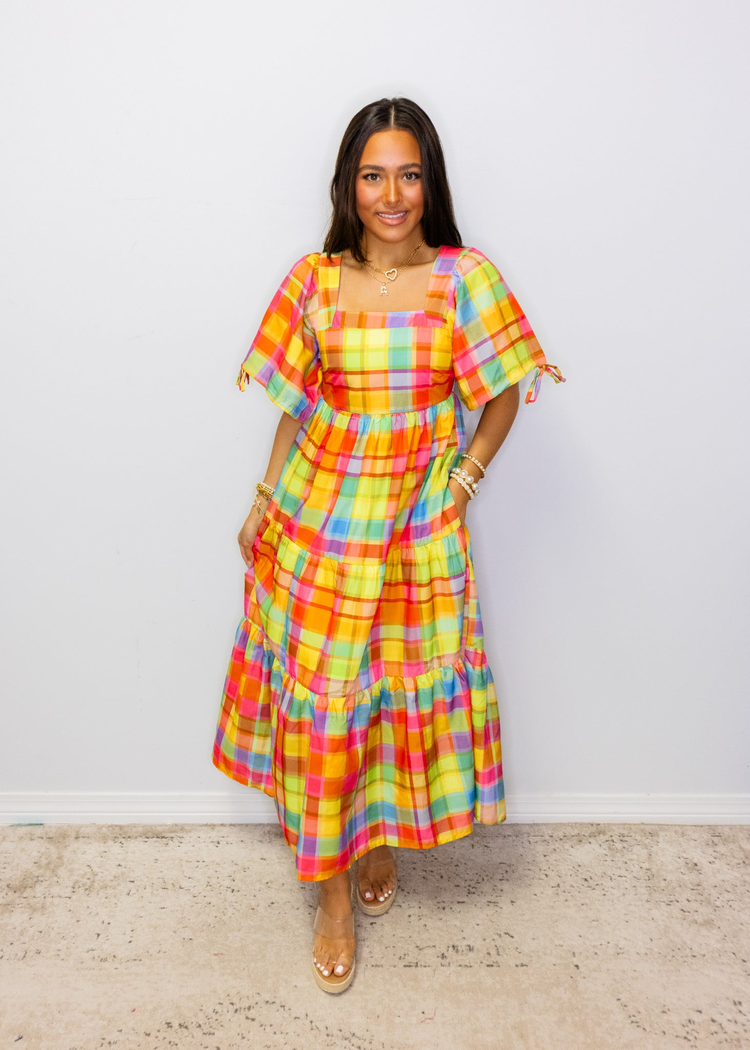 Bright Check Tiered Maxi Dress