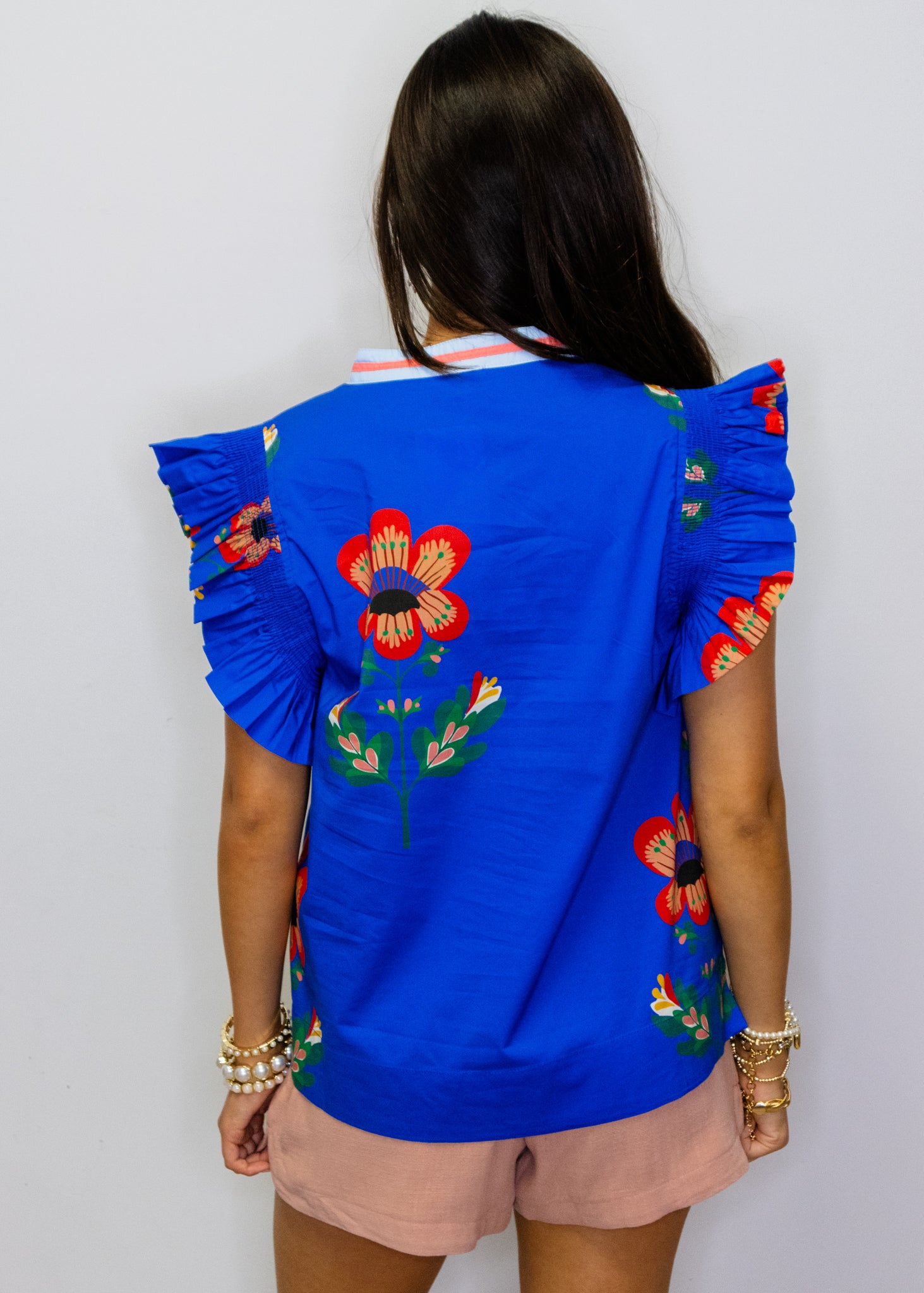 Royal Blue Floral Frilled Sleeve Top