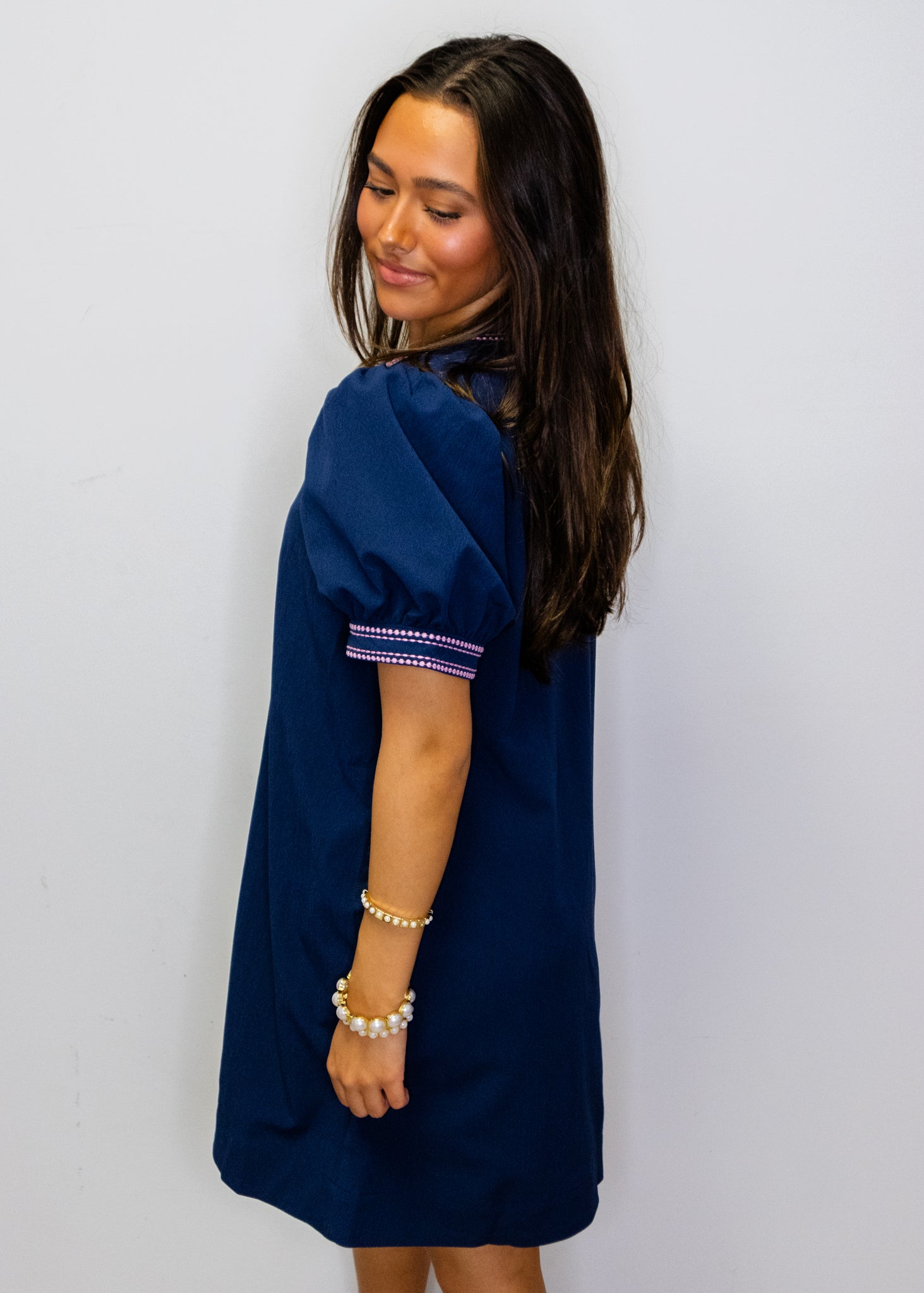 Navy Border Embroidered Dress