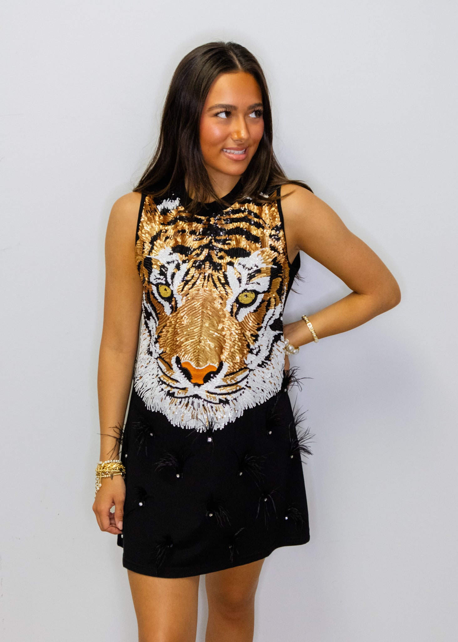 Black Sequin Tiger Face Rhinestone Feather Tank Dress