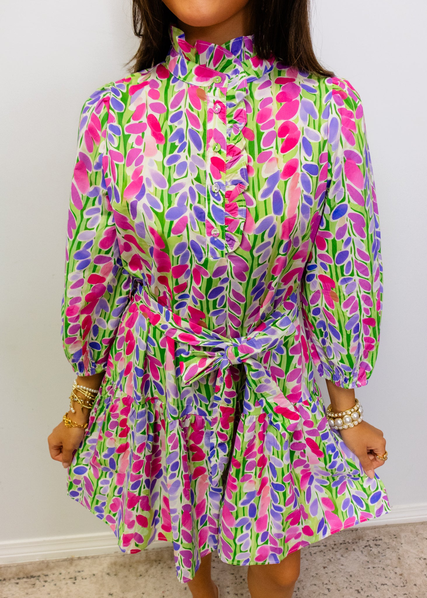 Green & Pink Leaf Print Dress