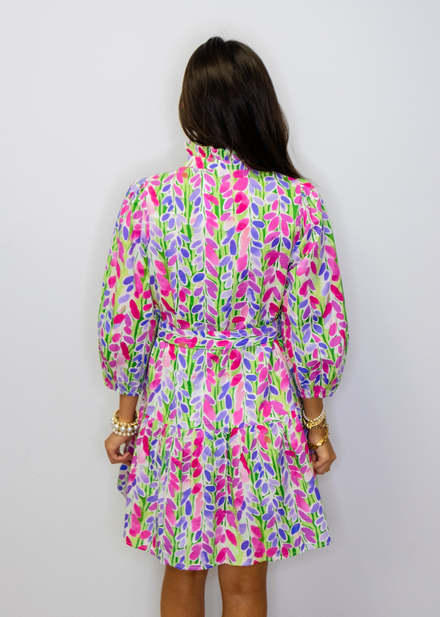 Green & Pink Leaf Print Dress